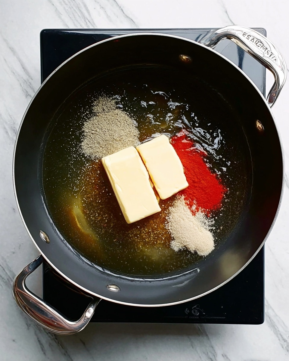 A black pan with silver handles sits on a black stove with a white marbled surface around it. Inside the pan, there is a rectangular piece of melting pale yellow butter, surrounded by small piles of red spice powder and light gray spice powder spread loosely in the center. The butter is partially melted with a shiny texture, and the spices lie dry on the shiny surface of cooking oil in the pan. Photo taken with an iphone --ar 4:5 --v 7