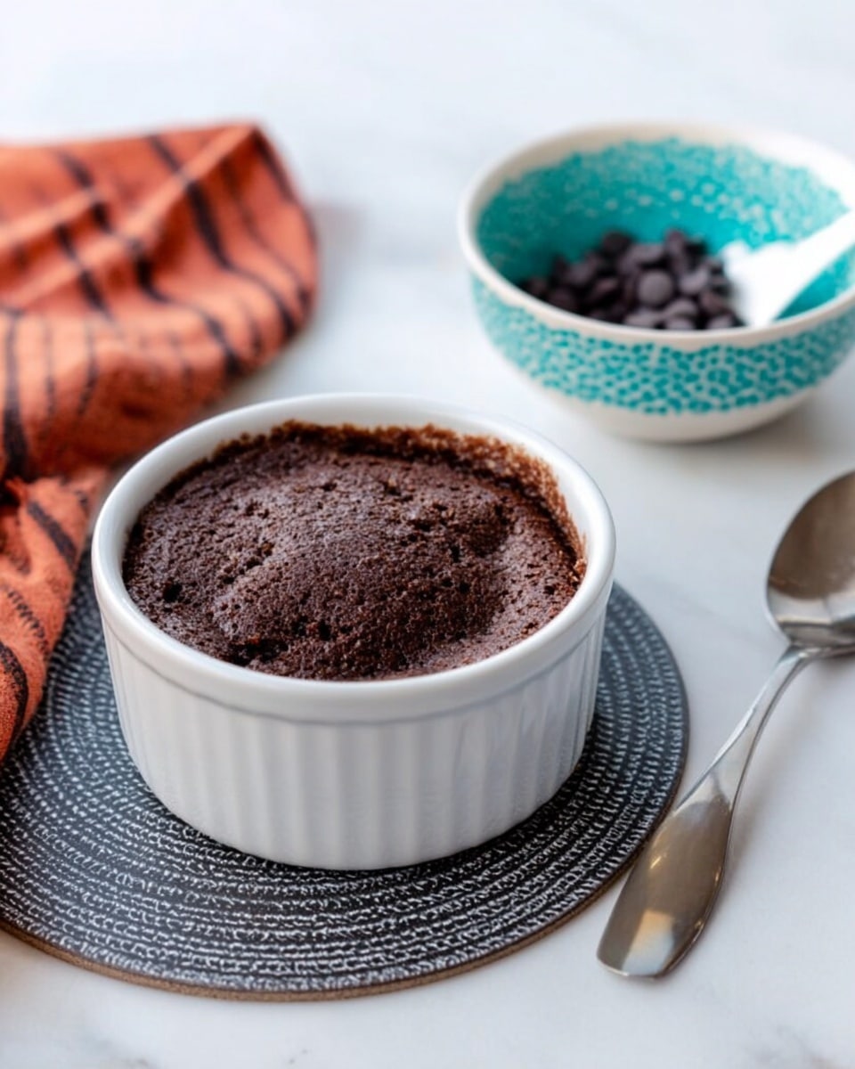 A white round ceramic dish holds a single-layer dark brown chocolate baked item with a slightly cracked top texture. Next to it is a turquoise patterned white bowl with some dark chocolate chips inside. There is a silver spoon lying nearby, and a folded orange cloth with black stripes is placed on the white marbled surface. The dish sits on a round black and gray patterned coaster under soft natural light. Photo taken with an iphone --ar 4:5 --v 7