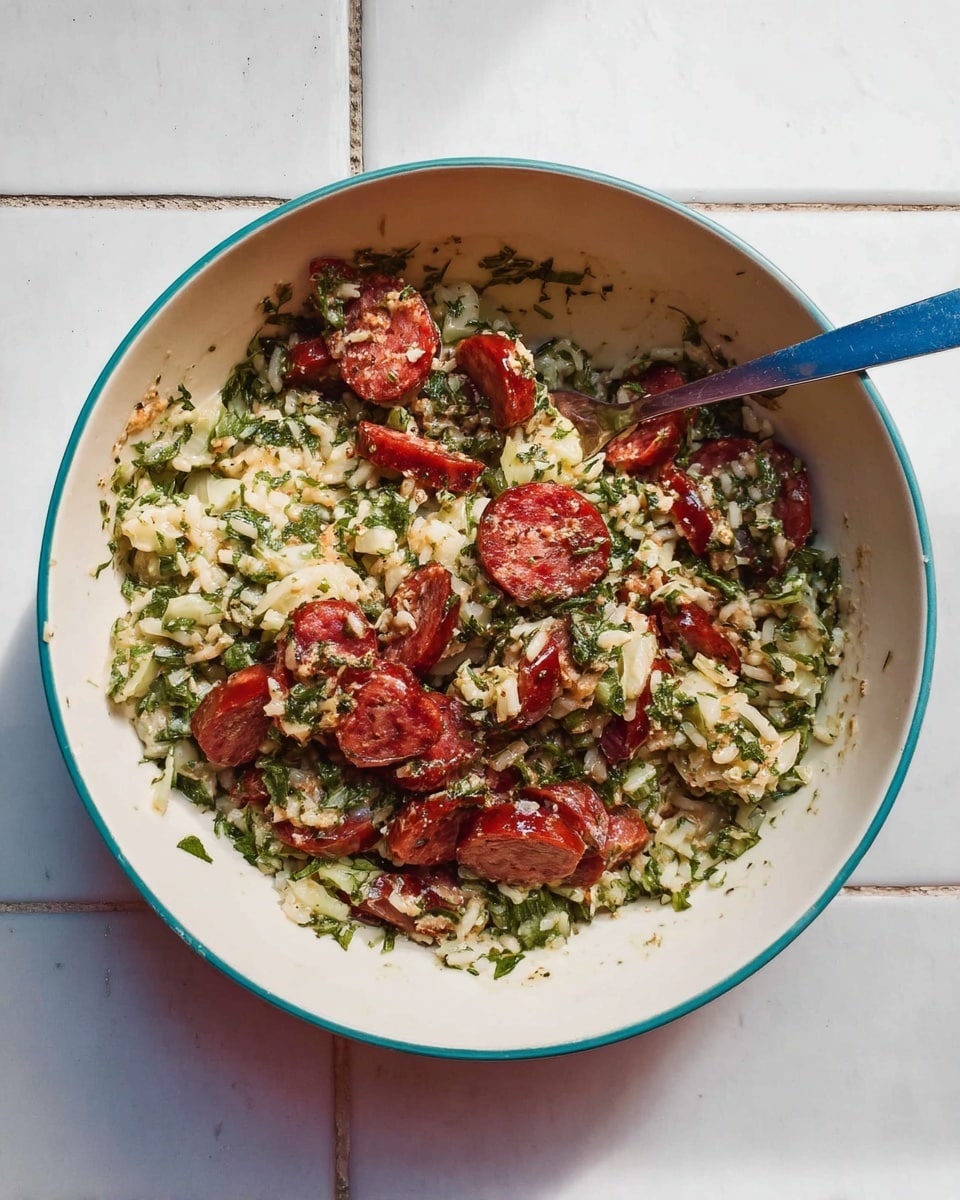 A white bowl filled with a mix of cooked rice and herbs as the base layer, showing a light green flecked texture from chopped greenery. On top, there are multiple pieces of red sausage scattered evenly, some with charred edges and a slightly oily shine. The blue-handled fork rests inside the bowl, partially submerged in the rice and sausage mixture. The bowl sits on a white marbled surface with visible tile edges around. photo taken with an iphone --ar 4:5 --v 7