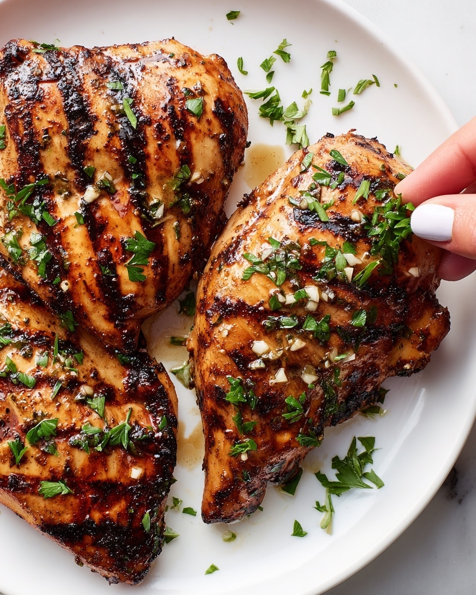 Two grilled chicken pieces with dark grill marks cover most of a white plate placed on a white marbled surface. The chicken is a rich brown with shiny, slightly caramelized spots from the grill, showing herbs and small bits of garlic clinging to the surface. A woman's hand with pale skin and light-colored nail polish sprinkles fresh chopped green parsley over the chicken, adding a fresh contrast. Small bits of parsley are scattered around the plate. The overall look is warm, just-cooked, and fresh. photo taken with an iphone --ar 4:5 --v 7