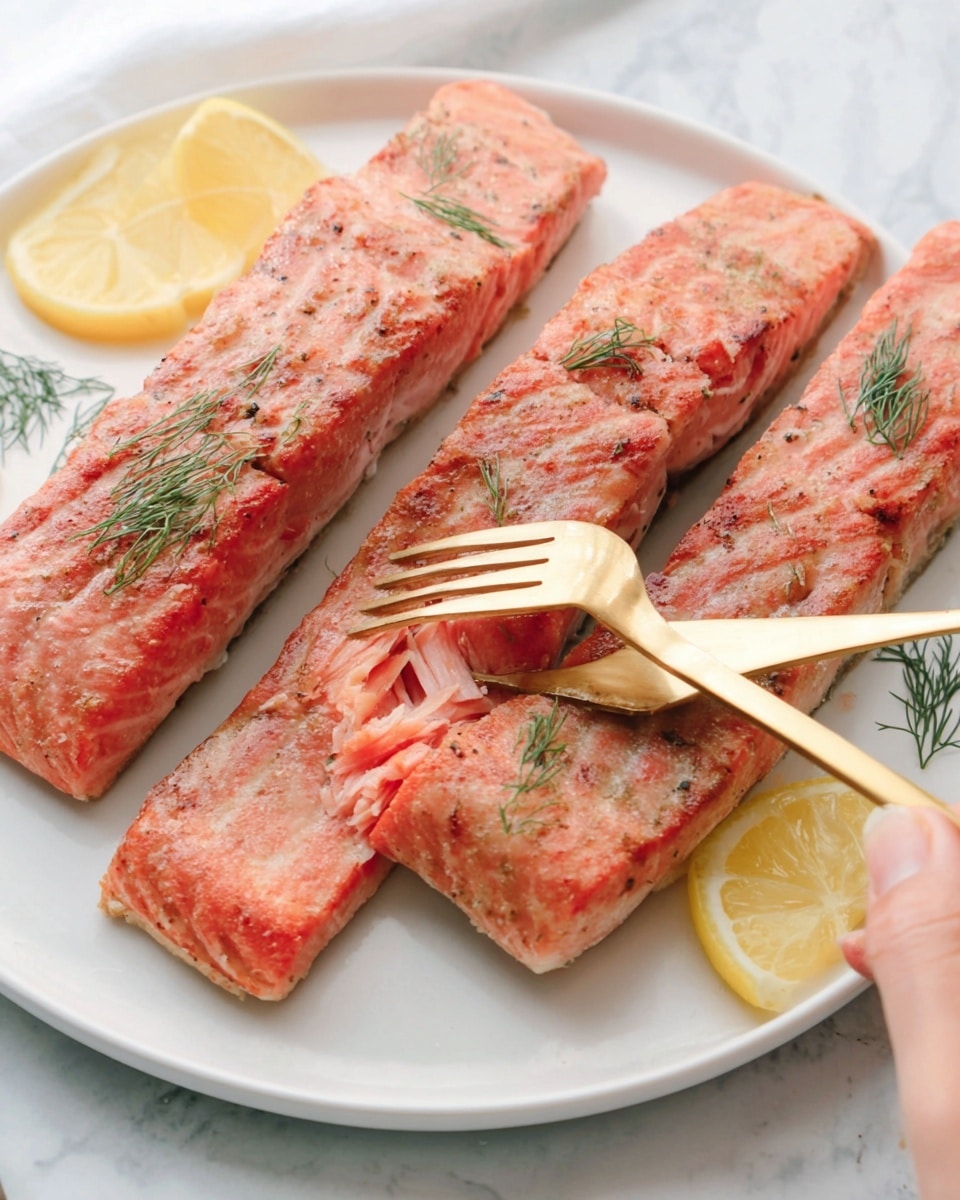The image shows a white plate with three cooked salmon fillets laid side by side. The fillets have a pinkish-orange color with a slightly crispy texture on top, showing natural lines and slight browning. One fillet is being sliced by a woman's hand holding a knife and a gold-colored fork, revealing flaky, soft salmon inside. Thin dill sprigs are scattered on the salmon and plate for garnish, with two small lemon wedges placed on the plate near the fillets. The background is a white marbled texture. photo taken with an iphone --ar 4:5 --v 7