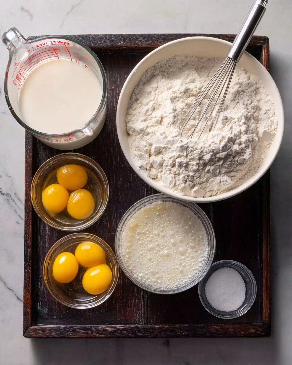 The image shows six glass containers arranged on a dark wooden tray over a white marbled surface. In the top left is a clear measuring cup filled with milk, showing red measurement markings. To the right is a larger white bowl filled with white flour, with a small metal whisk resting inside, slightly burrowed into the flour. Below the milk is a small clear bowl holding four bright yellow egg yolks. Next to it, in the center, is a transparent glass cup filled with frothy, foamy yeast mixture. Finally, at the bottom right, there are two small glass containers; one has white granulated sugar and the other, partially visible, contains a similar white powder. Photo taken with an iphone --ar 4:5 --v 7