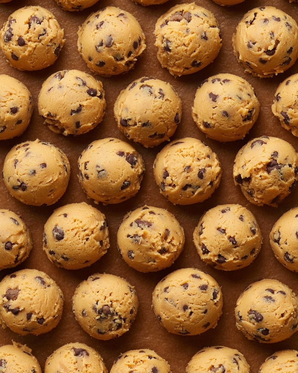 The image shows many round balls of cookie dough arranged in neat rows on a brown baking sheet. The dough is light golden with dark small chocolate pieces mixed inside each ball, giving a speckled look. The surface of each dough ball is slightly bumpy and rough, showing the texture of the ingredients. The photo is taken closely from above, filling the frame mostly with the cookie dough balls. photo taken with an iphone --ar 4:5 --v 7