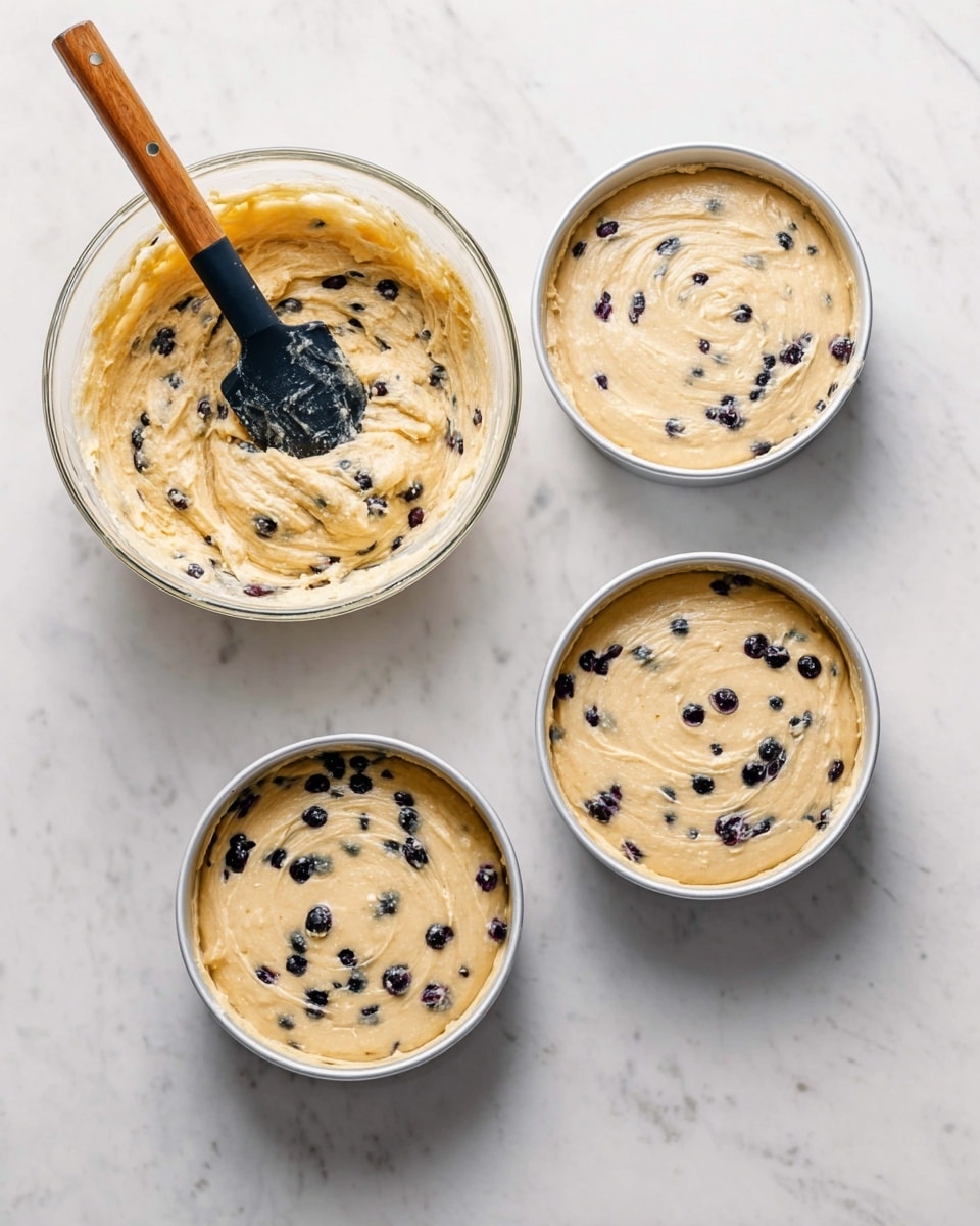 The image shows two scenes of blueberry cake batter. On the left, a clear glass mixing bowl sits on a white marbled surface, filled with light beige batter mixed with small dark blueberries, with a black spatula having a wooden handle resting inside, slightly swirled on top. On the right, three white round cake pans are evenly spaced on the same white marbled surface, each filled with the same light beige batter and scattered blueberries visible throughout, with slight swirling on the surface of each layer. photo taken with an iphone --ar 4:5 --v 7