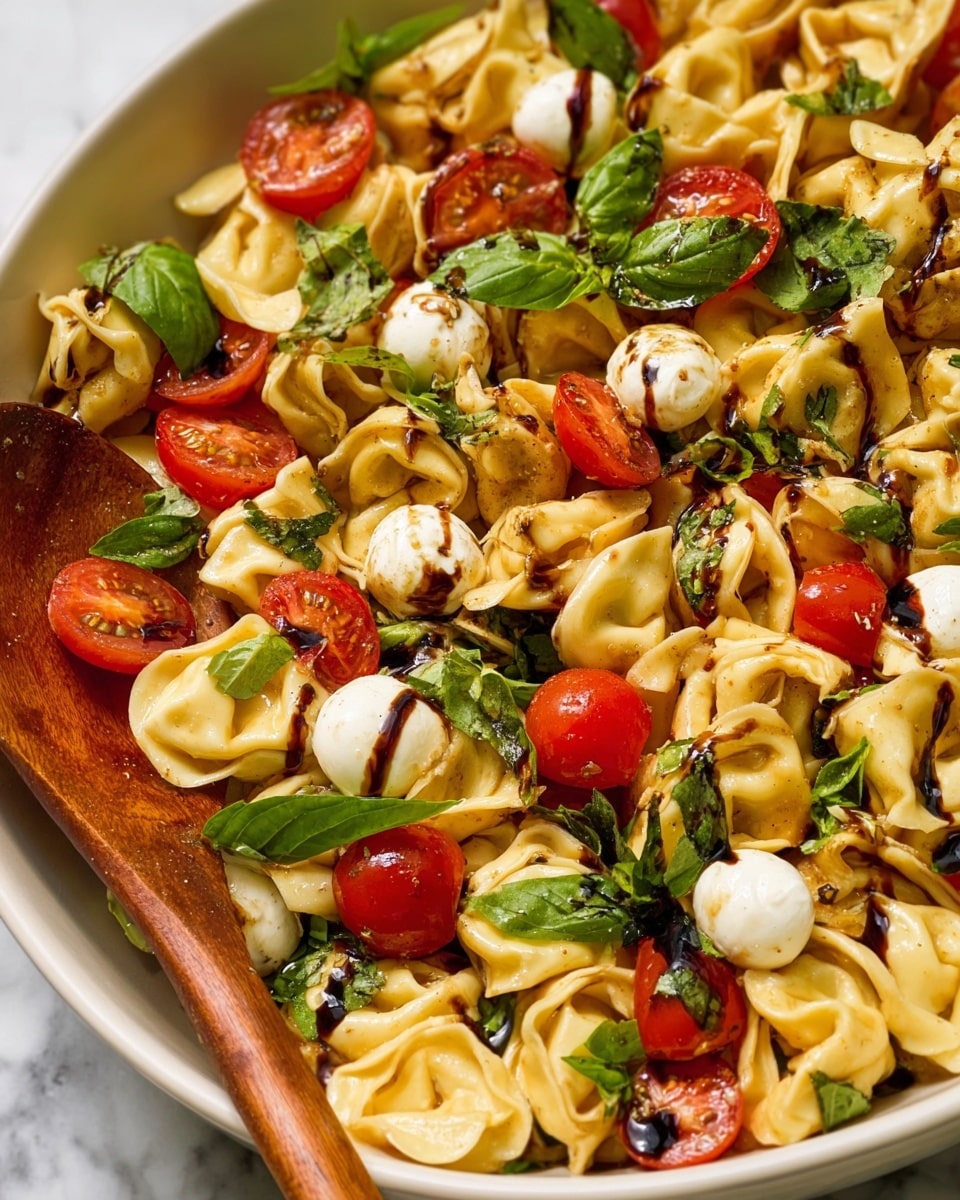 The dish is a close-up of a white bowl filled with three layers of food. The first layer is small pale yellow tortellini pasta pieces with a soft and slightly shiny texture. The second layer has bright red cherry tomato halves scattered evenly, showing juicy seeds inside. The third layer includes fresh, dark green basil leaves strewn across the pasta and tomatoes. Small round white mozzarella balls with a smooth surface are dotted throughout the dish. A dark brown balsamic glaze is drizzled over everything, creating a glossy contrast. A wooden spoon is placed on the left side, partially resting on the pasta. The bowl sits on a white marbled surface. Photo taken with an iphone --ar 4:5 --v 7