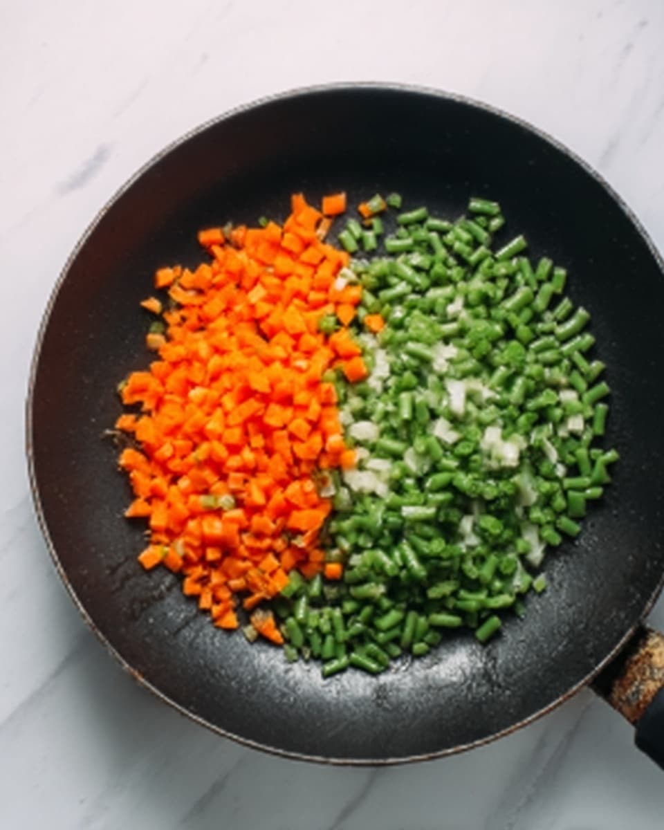 A black pan sits on a white marbled surface with finely chopped orange carrots on the left side and finely chopped green beans on the right side inside the pan. The vegetables look fresh and slightly shiny, showing they may have been lightly cooked or washed. Photo taken with an iphone --ar 4:5 --v 7