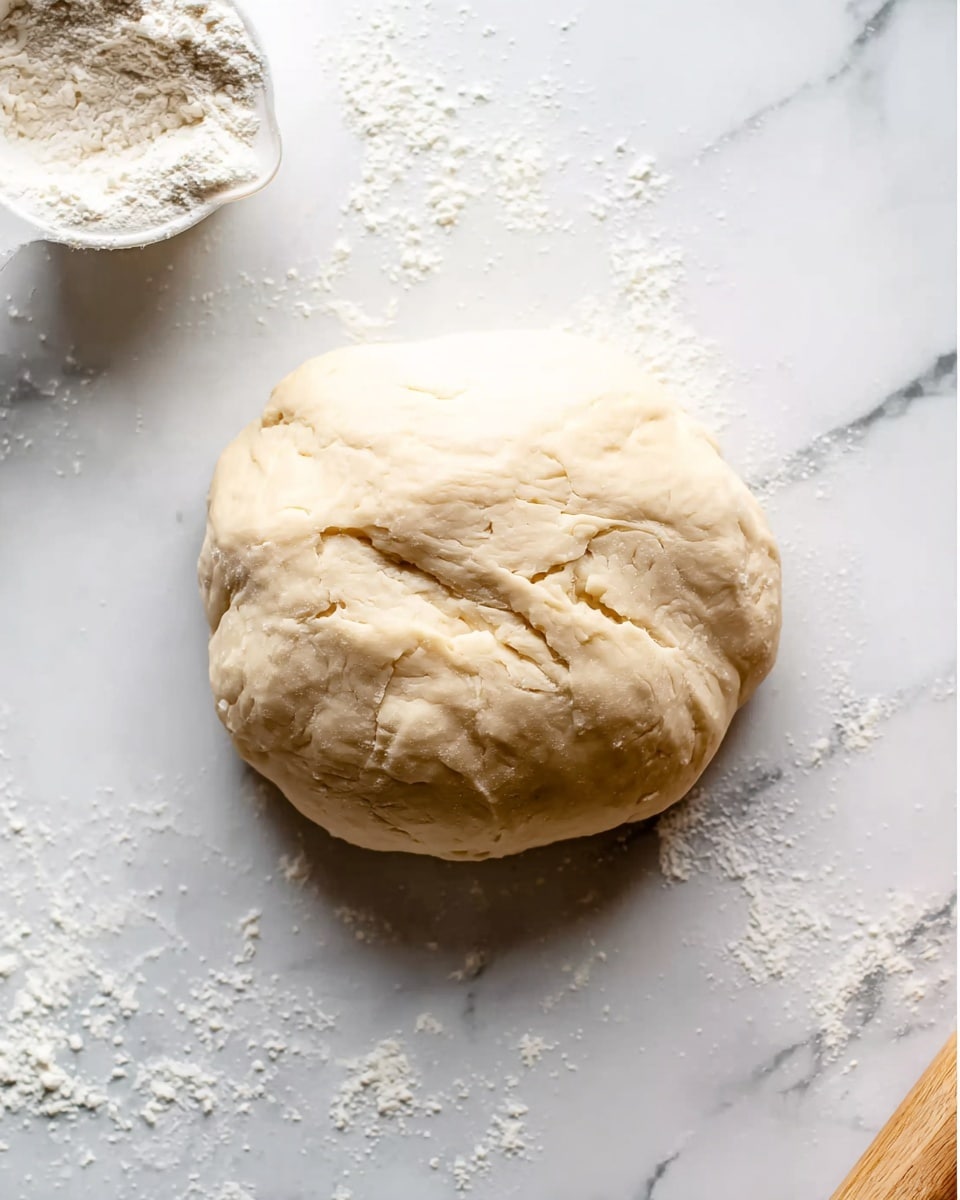 A single ball of dough sits in the center of a white marbled surface, its smooth texture slightly cracked on top. Around the dough, there are light dustings of flour scattered gently. The dough itself is pale beige with a soft, slightly shiny look. At the top-left corner, part of a white measuring cup with flour is visible, adding context to the preparation scene. Photo taken with an iphone --ar 4:5 --v 7