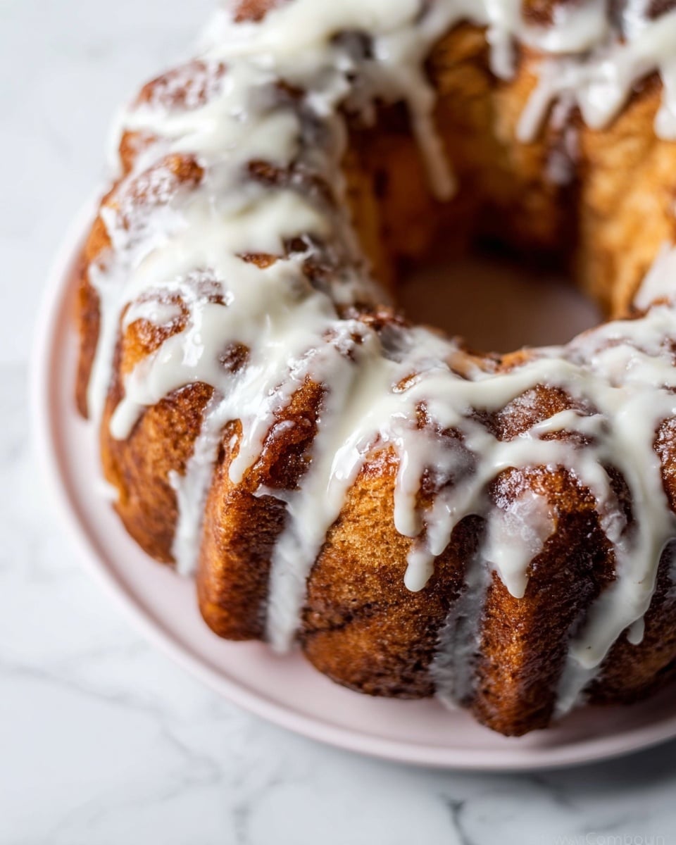The image shows a round bundt cake with a golden brown top, covered in layers of thick white icing drizzled unevenly all over the cake. The cake has visible textured swirls and creases, showing a mix of soft bread with cinnamon-colored filling peeking through. It is placed on a white plate resting on a background with a white marbled texture. The photo is taken from above, focusing closely on the cake, highlighting the glossy icing and the soft, baked layers beneath photo taken with an iphone --ar 4:5 --v 7