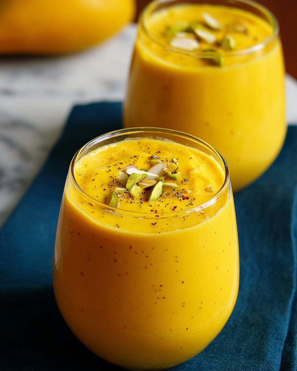 A clear glass filled with a thick, smooth bright yellow mango smoothie that has small bits visible inside. On top, there are small pieces of chopped pistachios and a light sprinkle of black pepper, adding texture and color contrast. The glass is placed on a blue textured cloth with a white marbled surface partly visible beneath. The scene is brightly lit, showing the fresh and creamy texture of the smoothie, photo taken with an iphone --ar 4:5 --v 7