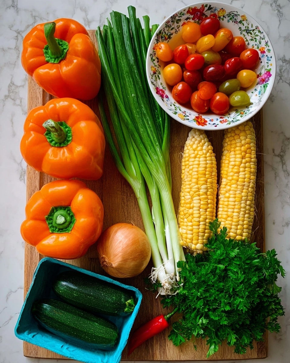 The image shows a wooden cutting board filled with fresh vegetables, arranged neatly. There are five bright orange bell peppers placed on the left side. Below the peppers, two ears of yellow and white corn lay side by side. An onion is positioned near the center bottom. Above the onion, green onions are stacked vertically, with their white roots at the bottom and green tops at the top. To the right of the green onions, a single red chili pepper lies horizontally. In the top right corner, a white bowl with floral patterns holds a bunch of colorful cherry tomatoes in red, yellow, and green shades. Below the bowl, a small blue container is filled with dark green zucchini. Fresh green parsley spreads out from the bottom right edge of the board. The cutting board is set on a white marbled surface. photo taken with an iphone --ar 4:5 --v 7