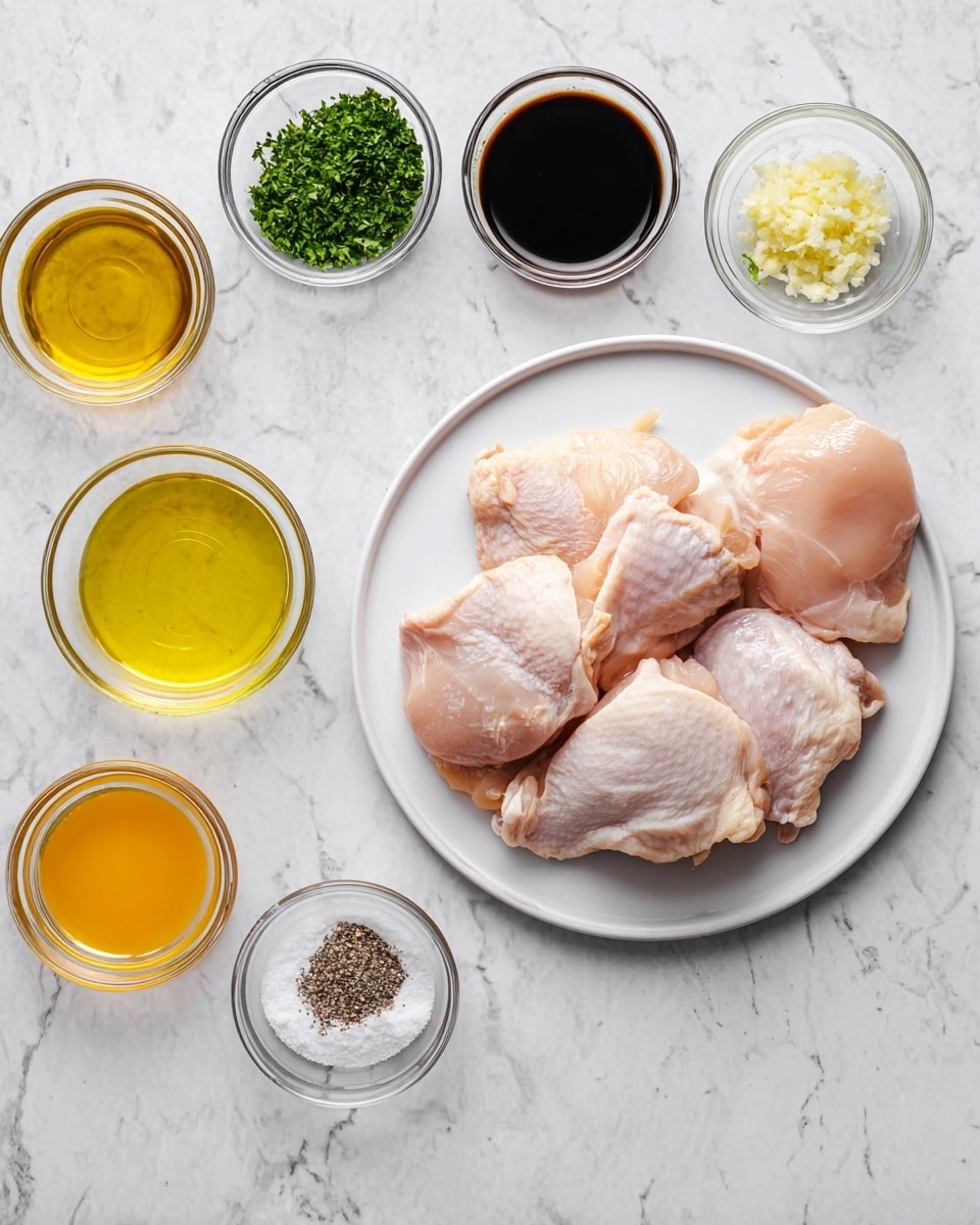 A white plate holds several pieces of raw chicken thighs, pale pink with a smooth and slightly shiny skin, resting on a white marbled surface. Surrounding the plate are small clear glass bowls arranged in a loose circle: one contains chopped green herbs with a fine texture, another has minced pale yellow garlic, a third is filled with dark brown soy sauce, another with golden honey, a smaller bowl holds yellow olive oil, one has pale yellow lemon juice, and a tiny bowl contains coarse black pepper and white salt mixed. The scene is bright and clean, with all the elements spaced evenly on the white marbled surface. photo taken with an iphone --ar 4:5 --v 7