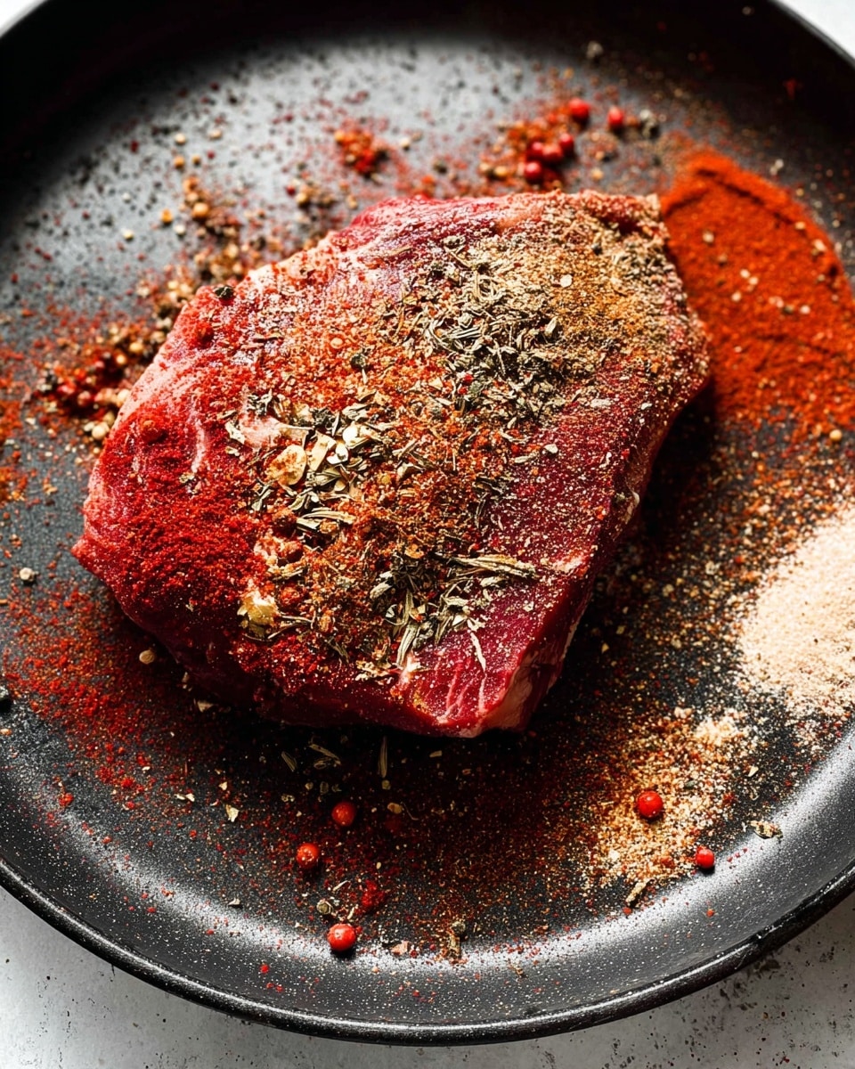 A large piece of raw meat sits in the middle of a black pan. It is covered with a mix of spices including red powder, brown granules, and dried herbs spread thickly on the top and sides. Around the meat, the pan has scattered spices in red, brown, and beige colors, creating a textured look. The pan contrasts with the deep red and earthy spice colors on the meat. The background surface is a white marbled texture. Photo taken with an iphone --ar 4:5 --v 7