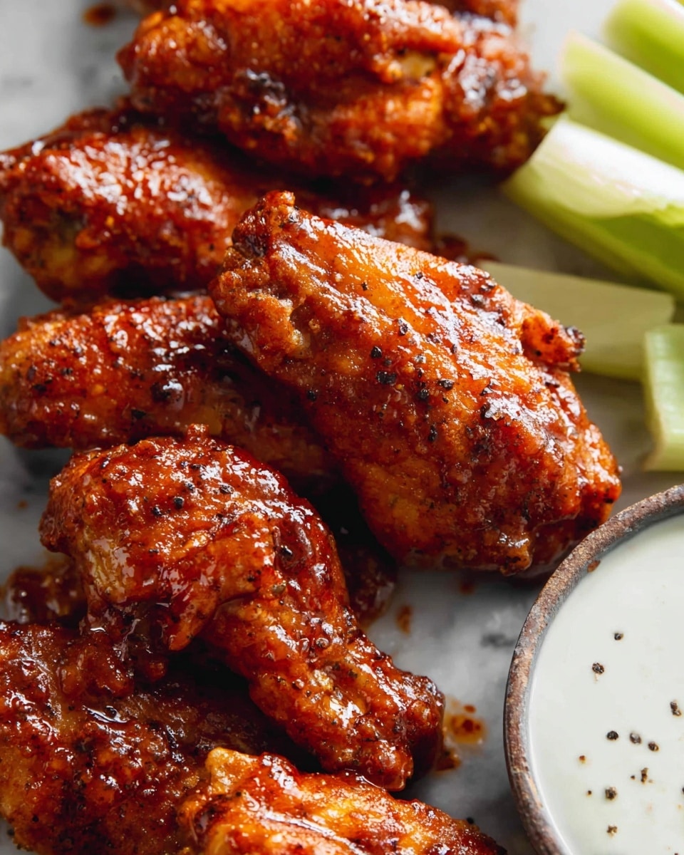 The image shows several pieces of crispy chicken wings coated in a shiny, reddish-brown sauce that looks sticky and flavorful. The wings have a textured surface with small black specks of seasoning visible. They are arranged close together on a surface with a white marbled texture. To the right of the wings, there are a few light green celery sticks placed next to a small round bowl filled with a creamy white dipping sauce, which has some black pepper sprinkled on its surface. The scene is close up, capturing the moist and textured details of the wings. Photo taken with an iphone --ar 4:5 --v 7