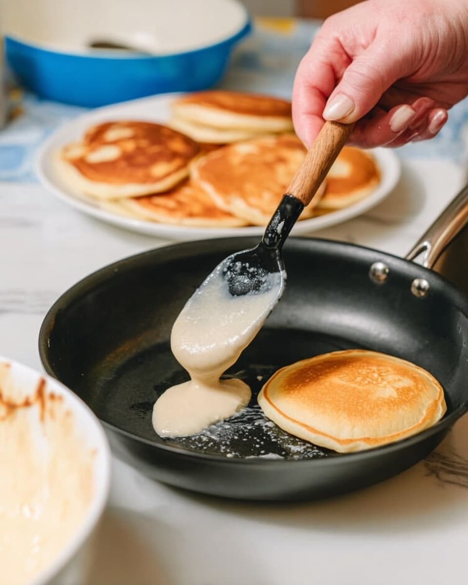 A close-up scene showing a woman's hand holding a black spoon with a wooden handle, pouring light beige pancake batter into a black frying pan that already has two pancakes cooking—one golden brown and round, the other lighter and still cooking. In the foreground, a large white bowl with splashes of batter inside is visible, and in the background, there is a white plate with cooked golden brown pancakes sitting on a white marbled surface. Photo taken with an iphone --ar 4:5 --v 7