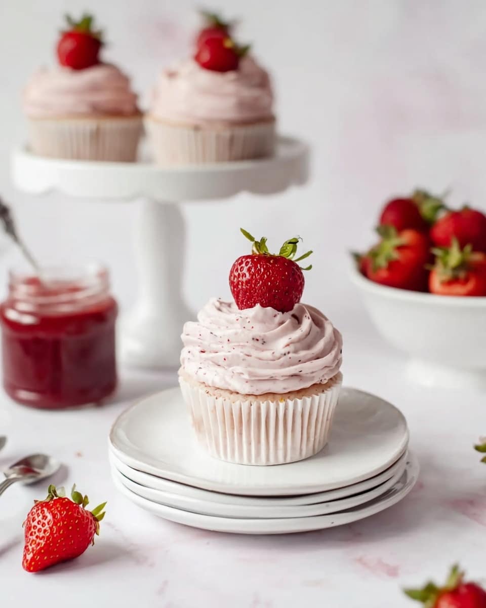 A single cupcake sits on top of three stacked white plates on a white marbled surface. The cupcake has a light pink swirl of frosting with specks and is topped with a whole bright red strawberry with green leaves. Behind it, on the left, there is a white cake stand holding three more cupcakes, each decorated the same way with pink frosting and a strawberry on top. To the right back, a white bowl holds several fresh strawberries. A small glass jar of red strawberry sauce is partially visible in the lower left corner. A few scattered strawberries lie on the white marbled surface. The photo is bright and clean with soft lighting. photo taken with an iphone --ar 4:5 --v 7