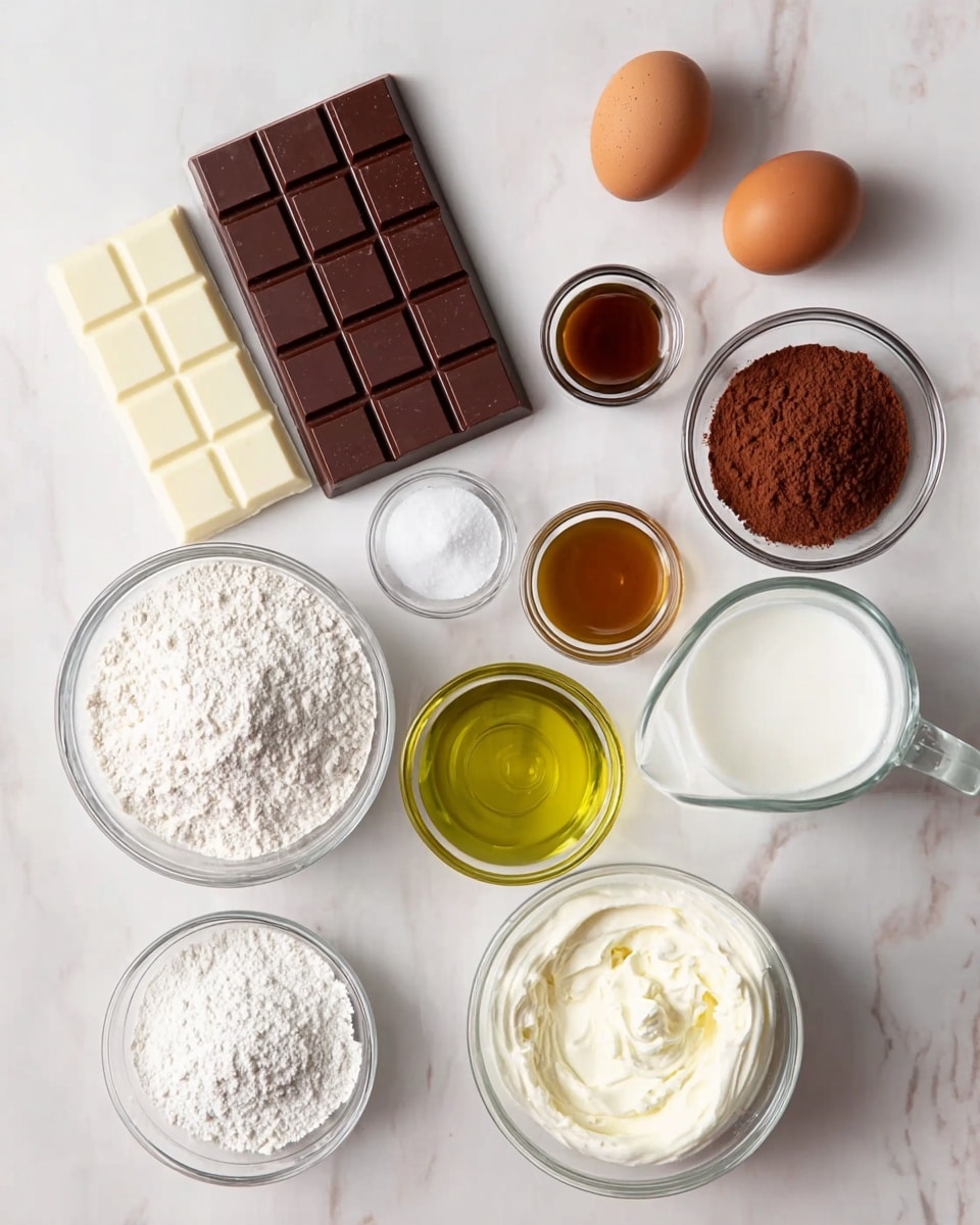 A top view of baking ingredients arranged on a white marbled surface includes two chocolate bars, with a dark brown one layered on top of a white one, positioned near the center-left. To the top right of the chocolates are two brown eggs and three small clear glass bowls containing cocoa powder, vanilla extract, and a white powder (likely baking powder or salt). Below the chocolates, there are larger clear glass bowls holding white flour, white granulated sugar, heavy cream, and a yellowish cooking oil. A small clear glass jug with a white liquid (possibly milk) and another clear glass bowl with a creamy white mixture are also visible, all neatly spaced. The overall colors are shades of brown, white, and cream, set on a bright, clean white marbled surface. photo taken with an iphone --ar 4:5 --v 7