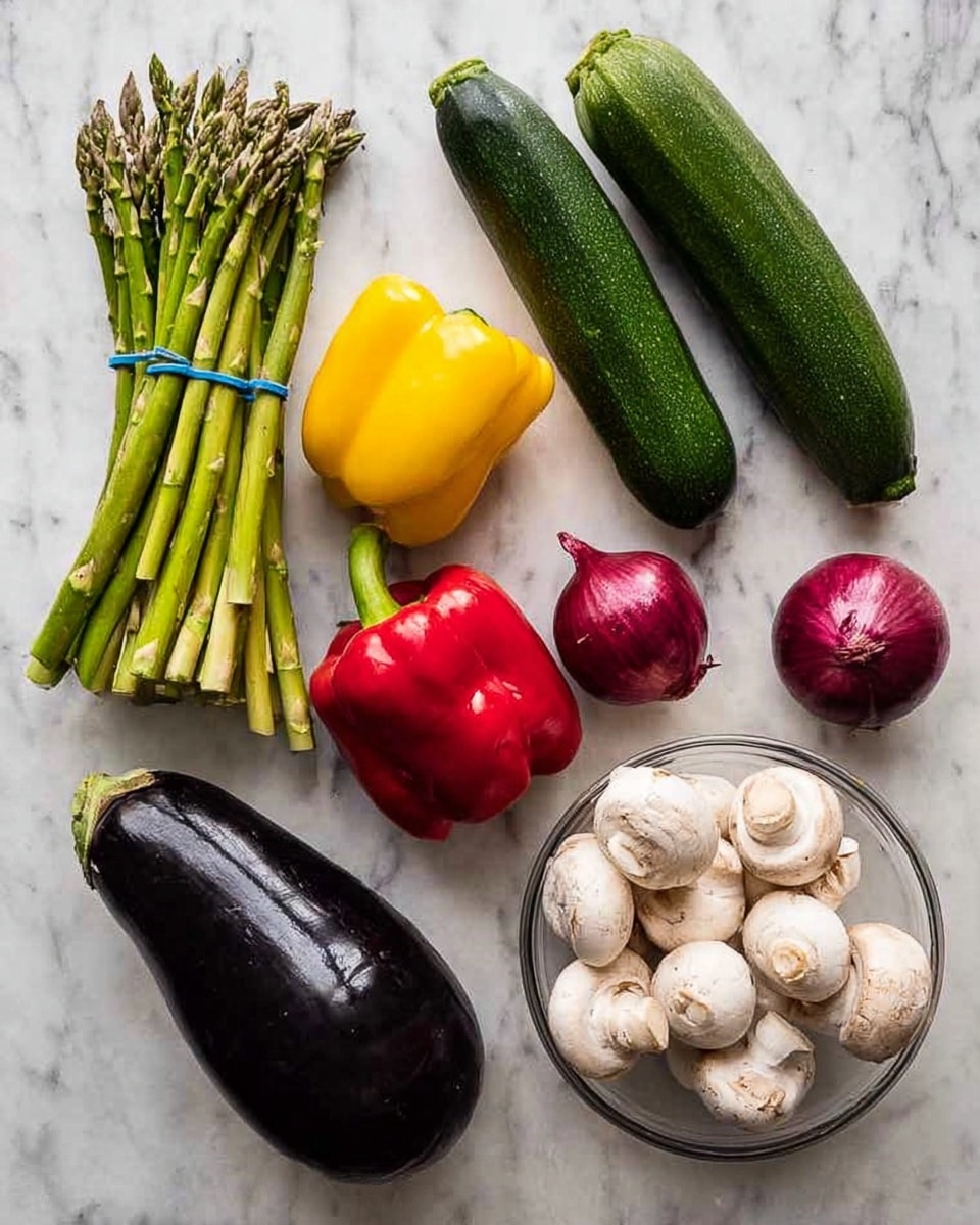 A white marbled surface holds an arrangement of fresh vegetables: two bundles of green asparagus tied with blue bands on the left, two dark green zucchinis side by side above two red bell peppers placed next to a yellow bell pepper. Below them are two small red onions and a large deep purple eggplant. On the far right, a clear glass bowl is filled with small white mushrooms, all creating a colorful and fresh display photo taken with an iphone --ar 4:5 --v 7