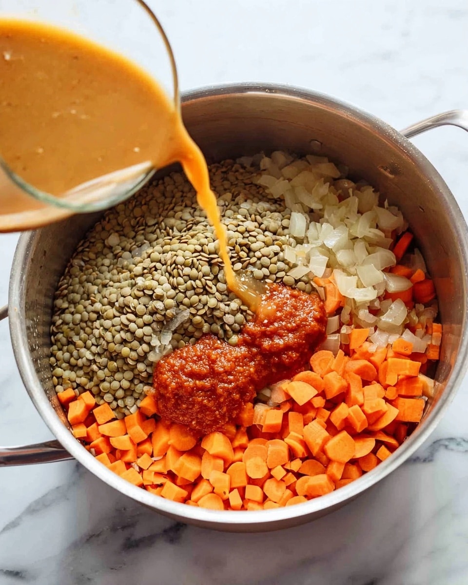 A large silver pot sits on a white marbled surface, filled with several layers of cooking ingredients. The bottom layer is chopped cooked onions and bright orange carrots scattered around. On top of this, there is a large pile of pale green lentils in one half of the pot. Near the center, there are two dollops of smooth, reddish paste or sauce. A jug is pouring light orange broth into the pot, flowing over the carrots and onions. The whole scene shows a bright mix of colors with soft textures of vegetables and lentils. photo taken with an iphone --ar 4:5 --v 7