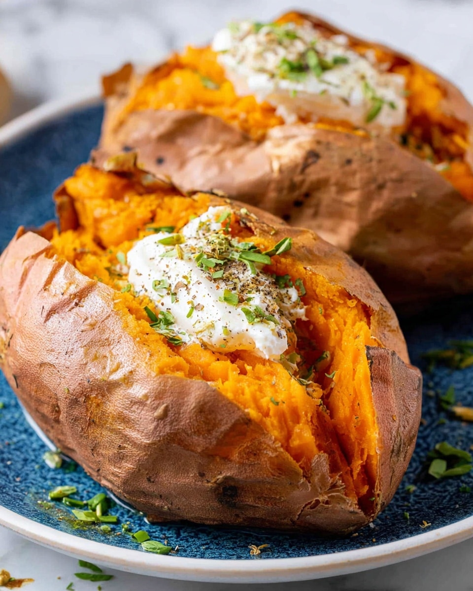 The image shows two baked sweet potatoes on a white plate with a blue textured inside surface, placed on a white marbled background. Each sweet potato is split open with the soft, bright orange flesh visible inside, topped with a dollop of white cream or butter in the center, sprinkled with small green herbs and a hint of black pepper. The potato skin is a light brown color with a slightly rough texture, and small bits of herbs are scattered around the plate. Photo taken with an iphone --ar 4:5 --v 7