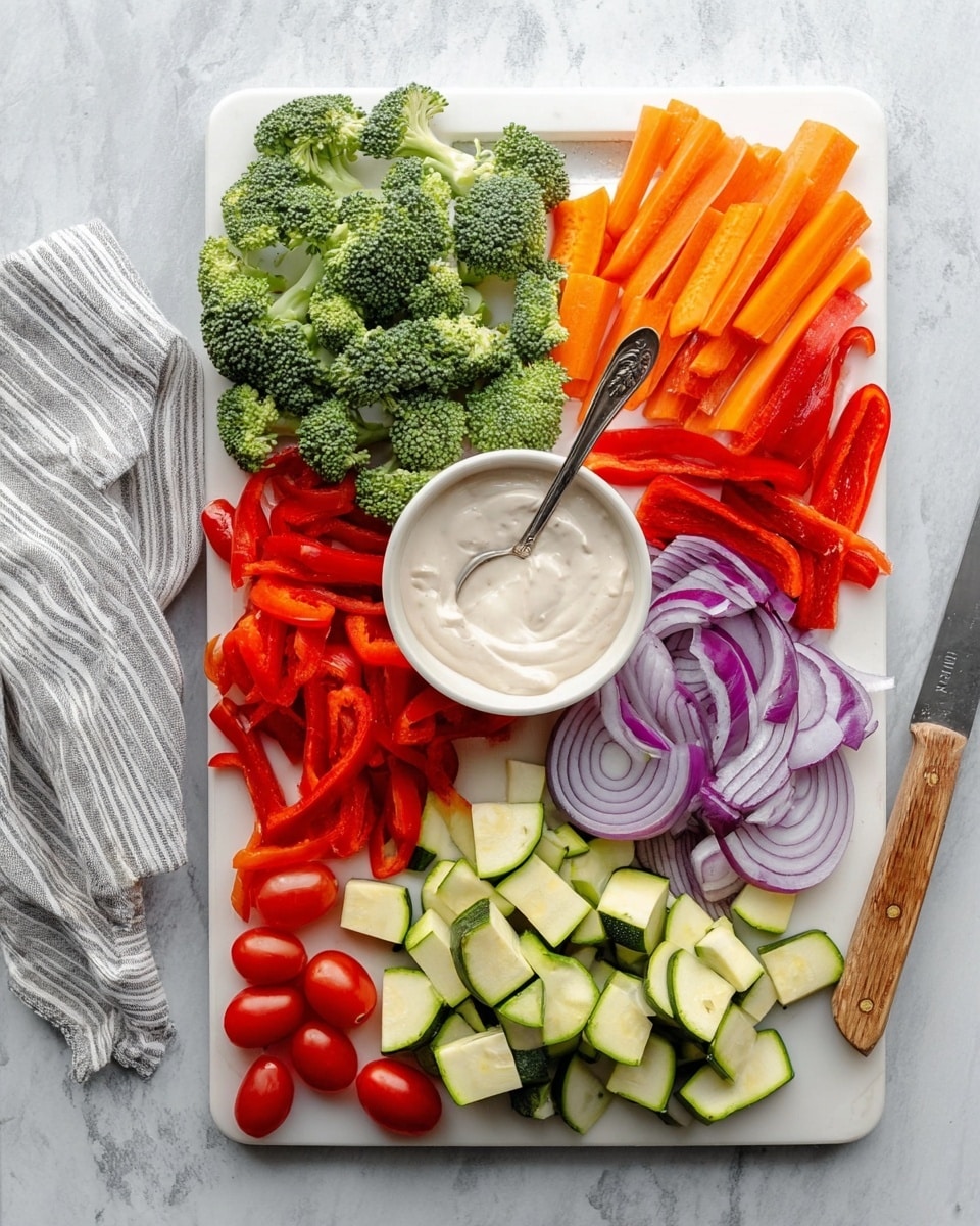 A white cutting board on a white marbled surface shows six food groups. At the top left, green broccoli florets in small clusters. Next to it, bright orange carrot sticks sliced thinly and long. To the right of the carrots, thin red bell pepper strips arranged loosely. Below the bell pepper, stacks of purple-red onion slices with visible rings. On the bottom right, light green zucchini pieces cut into chunks with some scattered around. On the bottom left, a bunch of red cherry tomatoes still on the vine. A small white bowl filled with creamy white dip and a silver spoon inside sits near the carrots and broccoli. A knife with a wooden handle rests next to the zucchini. A striped cloth is on the left side edge. photo taken with an iphone --ar 4:5 --v 7