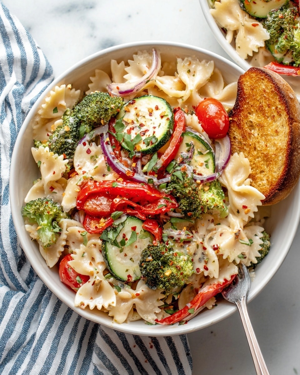 A white bowl filled with three layers: the bottom layer is pale bow-tie pasta mixed with light cream sauce, the middle layer has bright green broccoli florets, glossy green zucchini slices, and thin red bell pepper strips, and the top layer features small red cherry tomato halves, thin light purple onion rings, and a sprinkle of red chili flakes and fresh green herb leaves, with a toasted golden-brown slice of bread resting on the right edge of the bowl; a silver fork sits inside the bowl on a white marbled surface with a blue and white striped cloth nearby, photo taken with an iphone --ar 4:5 --v 7