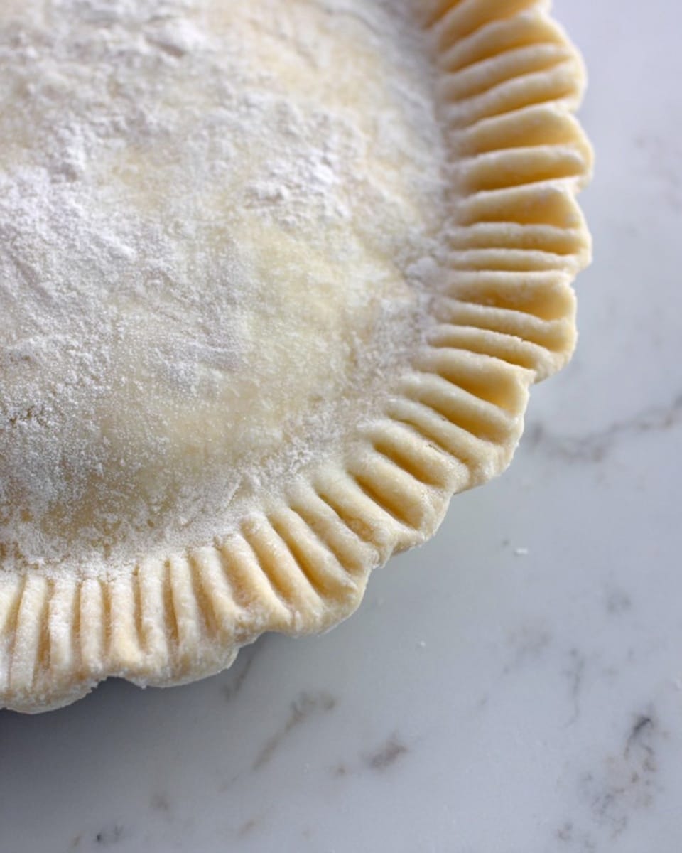 A close-up view of an unbaked pie on a white plate, showing one layer of pale, dough crust that is lightly dusted with flour. The edges of the crust have been pressed down with a fork to create a ridged pattern all around the pie. The background is a white marbled surface, adding a clean and simple look. Photo taken with an iphone --ar 4:5 --v 7