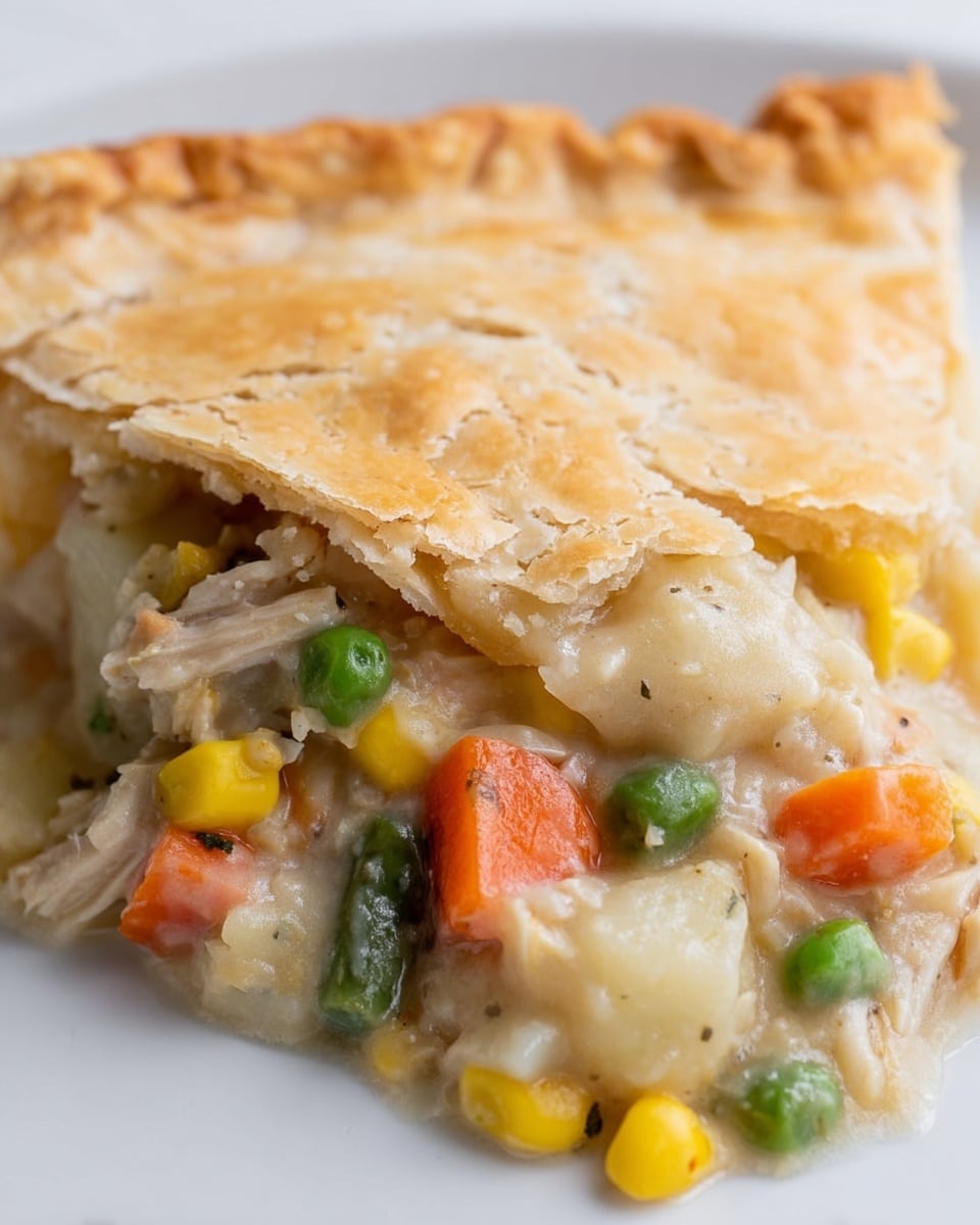 This image shows a close-up of a slice of homemade pot pie with two main layers: the top layer is a golden-brown, flaky pie crust with a slightly cracked surface and soft texture, covering the creamy filling underneath. The filling layer is thick and creamy with visible pieces of light beige chicken chunks, bright orange carrot cubes, green peas, yellow corn kernels, light green beans, pale yellow potato slices, and opaque white onion bits, all mixed in a smooth, pale gravy. The dish sits on a white plate, placed on a white marbled surface. Photo taken with an iphone --ar 4:5 --v 7