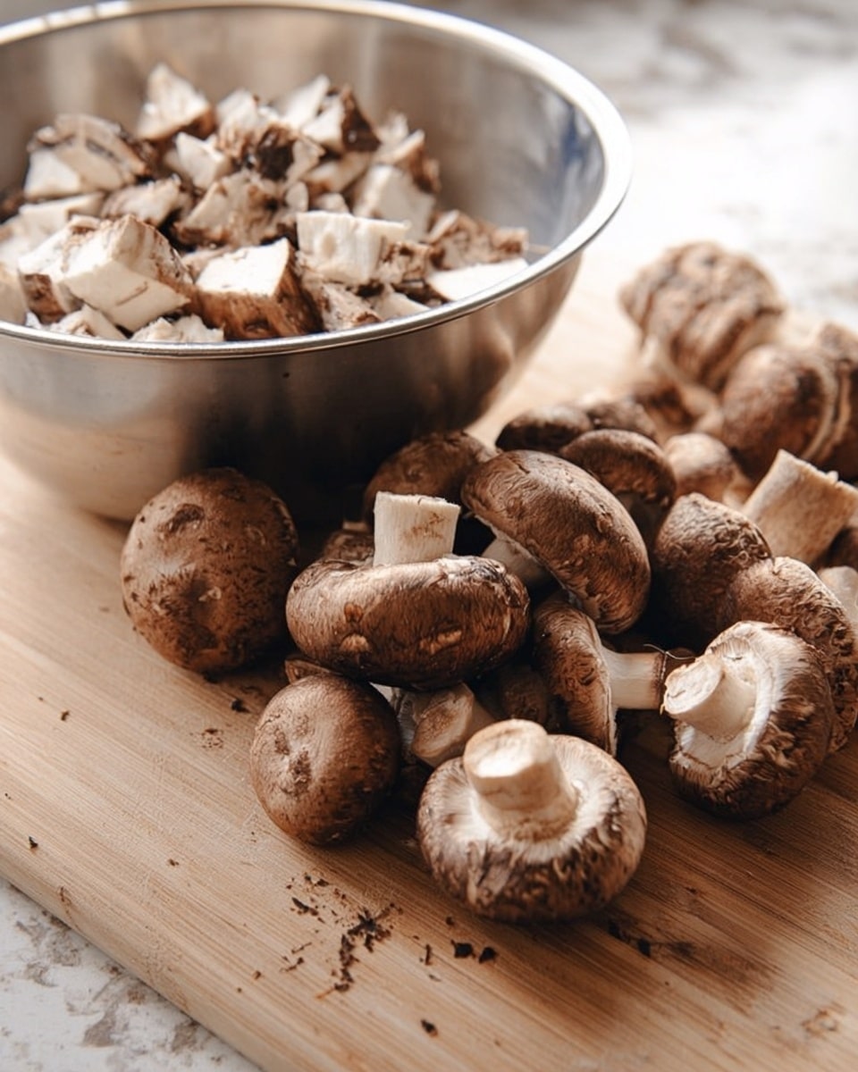 The image shows a pile of whole brown mushrooms placed on a wooden cutting board in the foreground. Behind the mushrooms, there is a metal bowl filled with chopped pieces of the same brown mushrooms. The wooden cutting board has a natural texture and light color. The background surface is changed to a white marbled texture for the setting. photo taken with an iphone --ar 4:5 --v 7