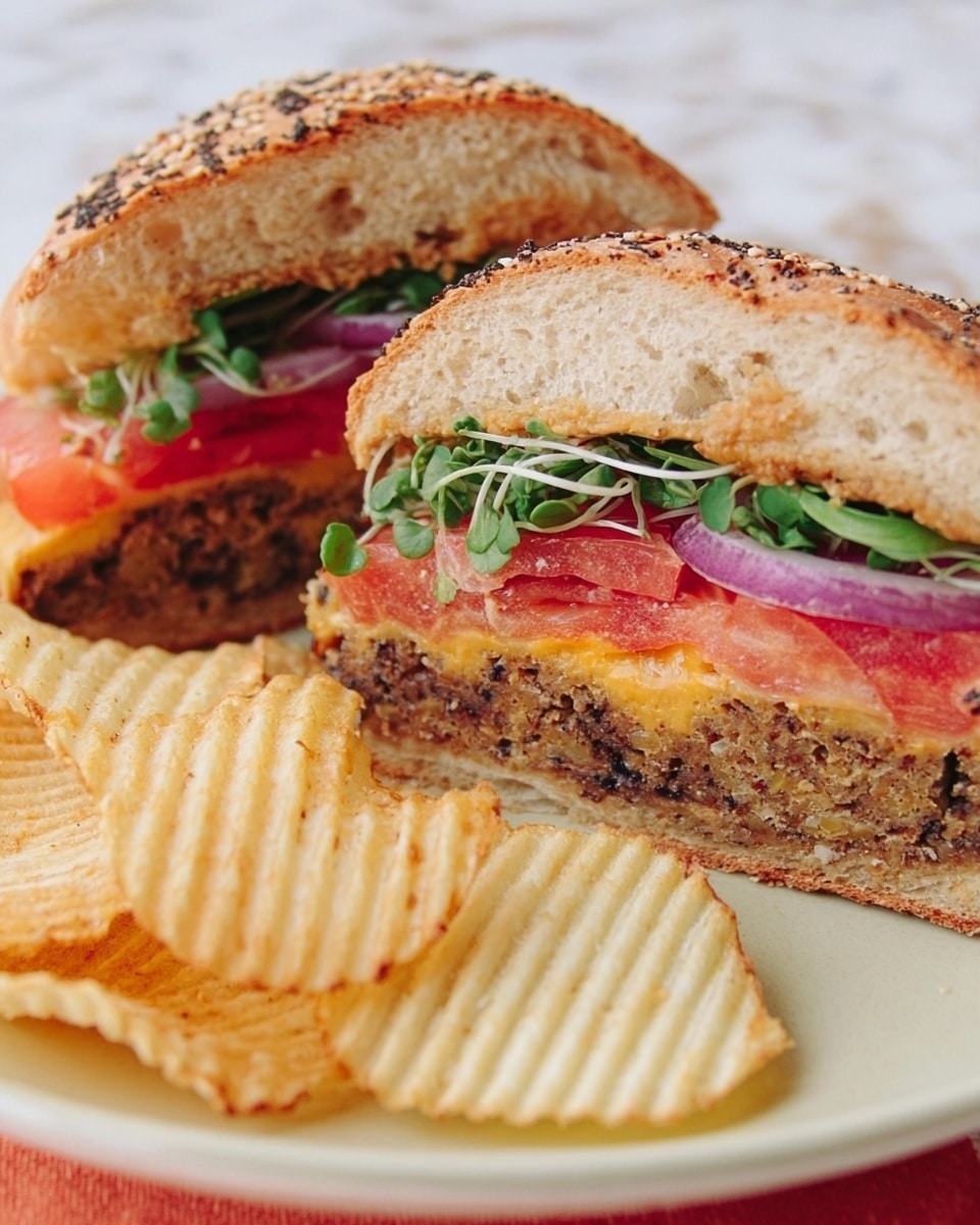 The image shows two halves of a sandwich on a white plate with ridged potato chips on the side. The sandwich has three layers inside the bun: the bottom layer is a thick brown veggie patty with a grainy texture, the middle layer is melted cheese in light orange color, and the top layer includes fresh green sprouts, a slice of red tomato, and thin slices of purple onion. The sandwich bun is sesame-seeded and lightly toasted with a soft texture. The plate is placed on a white marbled surface. photo taken with an iphone --ar 4:5 --v 7