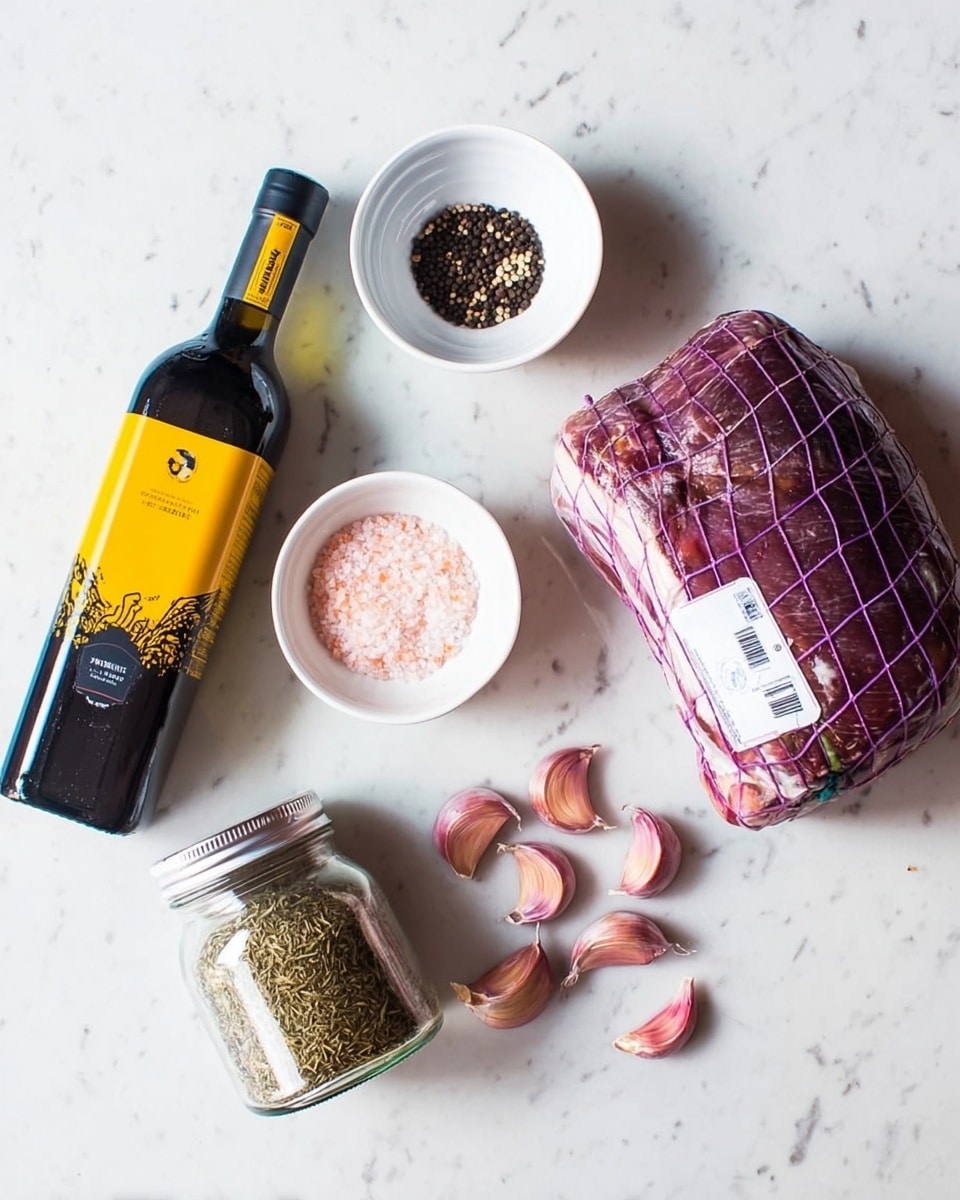 The image shows five items on a white marbled surface. On the left is a dark bottle with a yellow label and black cap. Next to it is a small white bowl filled with black pepper, and just above it is another small white bowl filled with pink salt. In front of the bowls, there is a small clear jar with a silver lid, filled with dried herbs. To the right of these items, there is a group of six small pink garlic cloves scattered on the surface. On the far right, there is a large wrapped piece of meat with a purple netting and a white label, resting flat on the surface. photo taken with an iphone --ar 4:5 --v 7