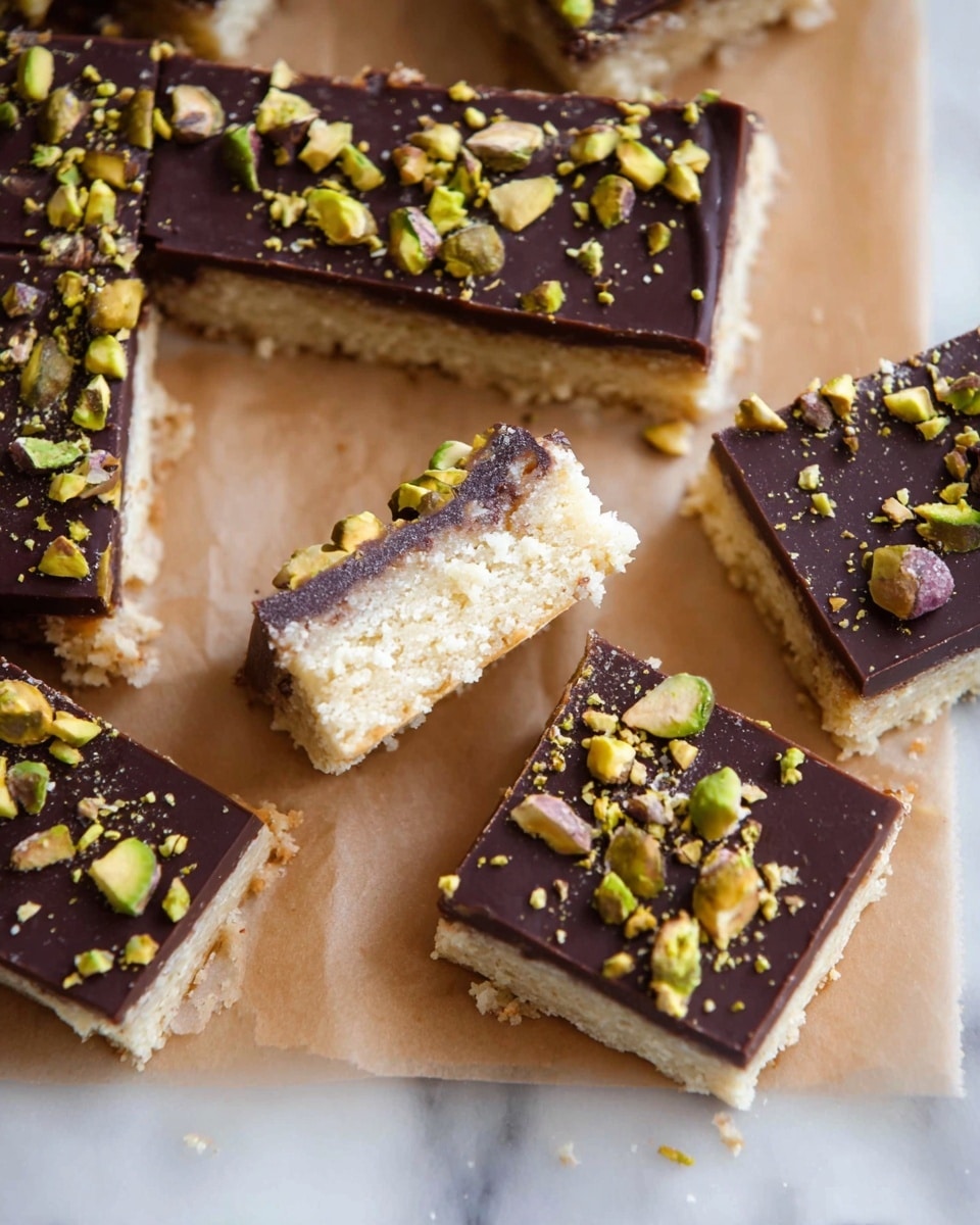 The image shows several square pieces of a layered dessert placed on light brown parchment paper over a white marbled surface. Each piece has two layers: the bottom layer is light beige and crumbly, resembling a cookie or shortbread base, and the top layer is a smooth, rich dark chocolate covering. The chocolate layer is sprinkled with small, chopped green pistachio nuts that add color and texture. One piece is slightly separated from the others, showing the thickness of both layers clearly. photo taken with an iphone --ar 4:5 --v 7
