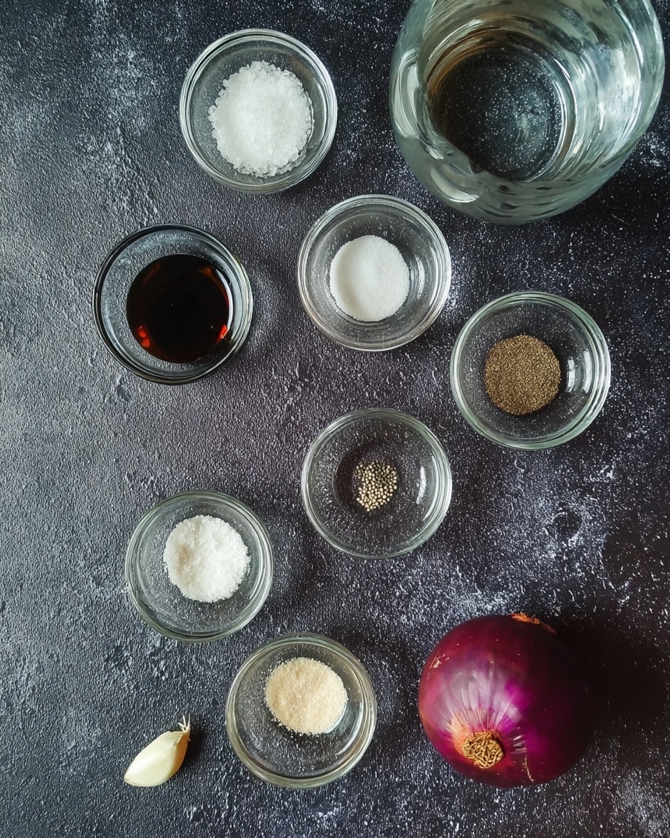 The image shows a dark textured surface with several small clear glass bowls arranged across it. The bowls contain different ingredients: one has coarse white salt, another has a dark soy-like liquid, a third holds a fine white powder, one more has black pepper, and another contains tiny white granules. To the right, there is one red onion and a small clove of garlic placed directly on the surface. A glass jug filled with water is at the top right corner. The setup is simple and clean with the ingredients spread out and clearly visible. photo taken with an iphone --ar 4:5 --v 7