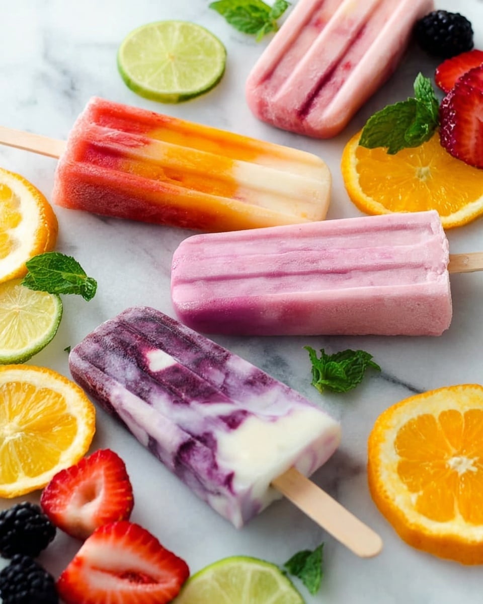 The image shows four colorful popsicles lying on a white marbled surface, surrounded by fresh fruit slices and mint leaves. One popsicle has an orange and red mix with a creamy white swirl near the middle. Another popsicle is pink with a solid, smooth texture. The third popsicle has purple and white swirls, creating a marbled effect. The fourth popsicle is light red and plain. Around the popsicles, there are slices of strawberries, lime, lemon, orange, peach, watermelon, and blackberries, along with green mint leaves scattered for decoration. Photo taken with an iphone --ar 4:5 --v 7