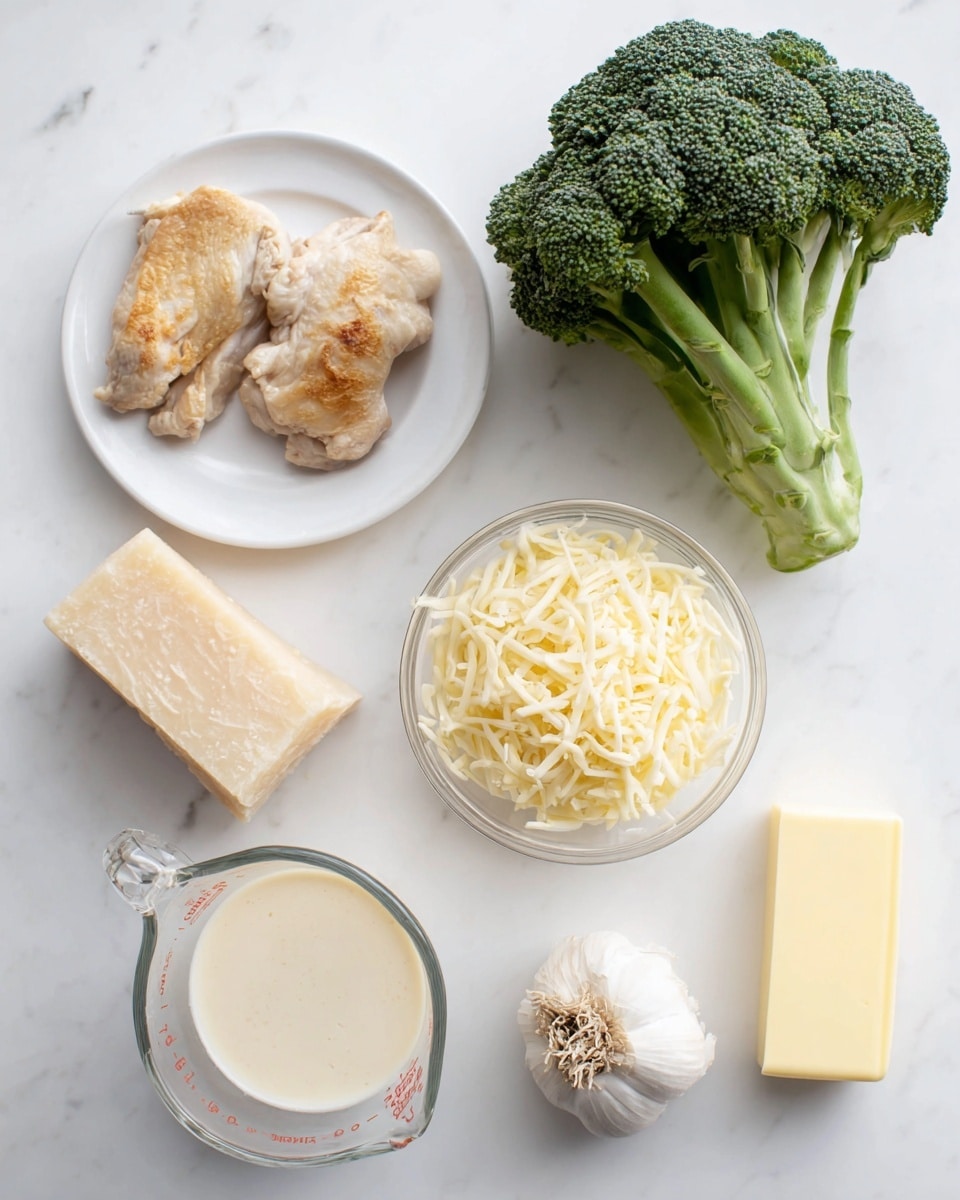 The image shows six ingredients arranged on a white marbled surface. At the top left, there is a white plate holding two cooked, light golden brown pieces of chicken. To the top right is a fresh, green broccoli head with thick stalk and dark green florets. Below the broccoli is a clear glass bowl filled with shredded pale yellow cheese. At the bottom left, there is a clear measuring glass containing a light cream sauce. To the left bottom corner, a solid block of light beige Parmesan cheese rests on the surface. Near the bottom center is a whole white garlic bulb with a bulbous shape and papery skin. Finally, to the bottom right, a small stick of pale yellow butter is placed. The photo taken with an iphone --ar 4:5 --v 7