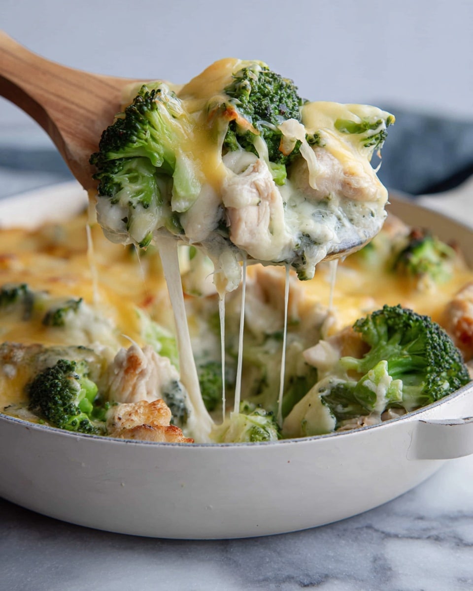 A wooden spoon is lifting a cheesy broccoli dish from a white pan sitting on a white marbled surface. The dish has three main layers: at the bottom, bright green broccoli florets; in the middle, light-colored chicken pieces; and on top, a thick layer of melted pale yellow and white cheese stretching in long strings as it is lifted. The broccoli shows varied green shades with small florets and stems, the chicken looks tender with a light brown sear, and the cheese is creamy and slightly browned in spots. Photo taken with an iphone --ar 4:5 --v 7