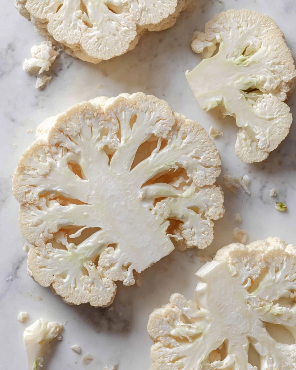 The image shows several slices of raw cauliflower placed on a white marbled surface. Each cauliflower slice has a thick, pale cream-colored stem at the center with branching white florets radiating outward, creating a tree-like pattern. The slices vary in size and shape, with uneven edges and small broken florets scattered around. The texture looks firm and slightly rough. The overall color is a soft white with light yellowish-beige in the thicker stem parts. Photo taken with an iphone --ar 4:5 --v 7