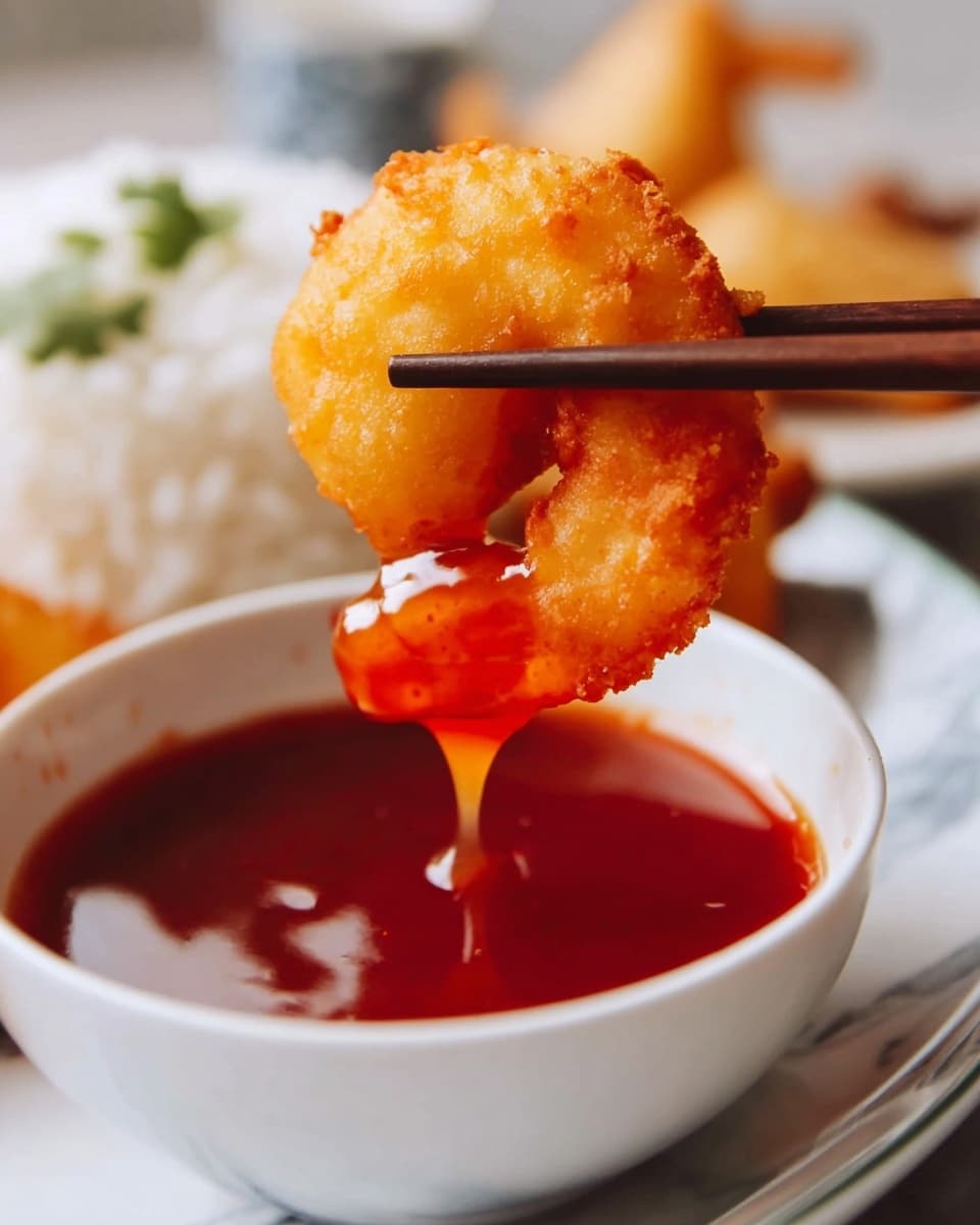 The image shows a close-up of a woman’s hand holding a golden-brown fried shrimp with dark wooden chopsticks. Below the shrimp, there is a white plate with several more pieces of fried shrimp. To the right on the plate, a small white bowl filled with bright red dipping sauce is placed. On the left side of the plate, there is a serving of white rice garnished with green chopped scallions. This scene is set on a white marbled surface. Photo taken with an iphone --ar 4:5 --v 7