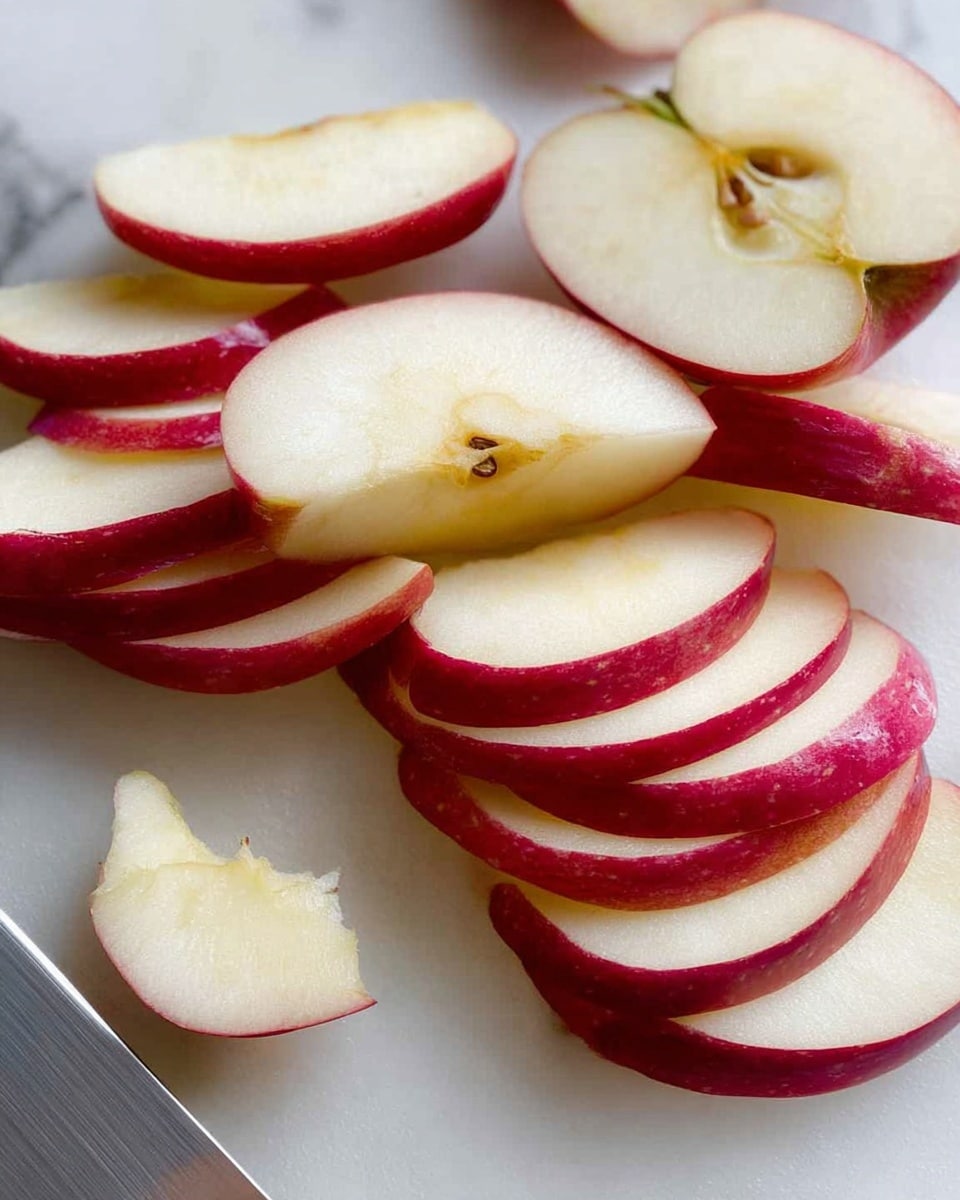 Thin slices of apple with red skin and pale inside are spread on a white cutting board with a smooth texture. There are two larger apple pieces, showing the inside with some seeds visible. The apple slices are evenly thin and layered, with some overlapping each other near the middle and right side of the board. A shiny metal knife lies at the bottom left, partially in view with an apple core next to it. The background has a white marbled texture. photo taken with an iphone --ar 4:5 --v 7