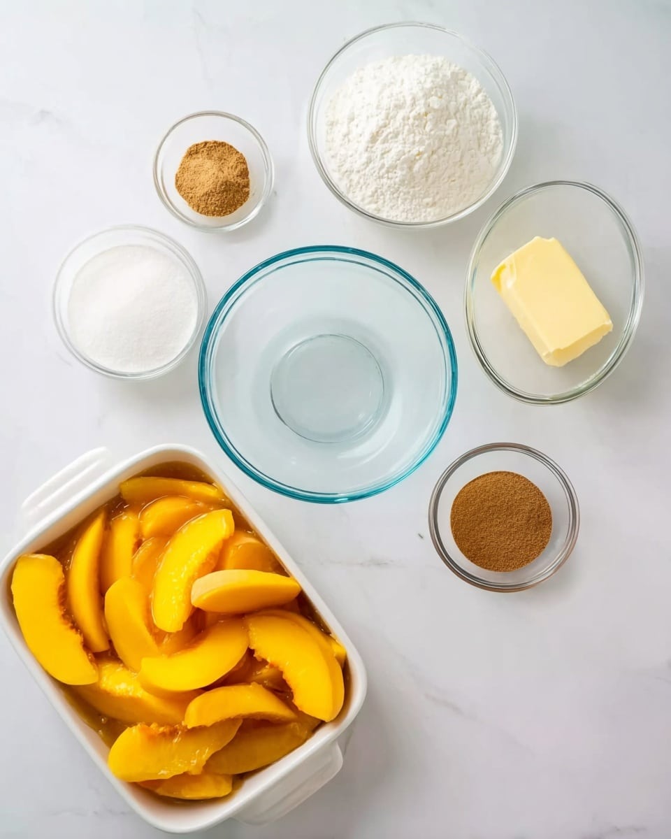 The image shows a clear glass bowl filled with several thick slices of bright yellow peaches in syrup placed at the right side of a white marbled surface. In the center is an empty clear glass bowl, and surrounding these are five smaller clear glass bowls containing white sugar, light brown cinnamon powder, white baking soda, white flour, and a stick of pale yellow butter on the edge of a white baking pan with handles on each side. The arrangement is neat, with all items spaced evenly and photographed from above. Photo taken with an iphone --ar 4:5 --v 7