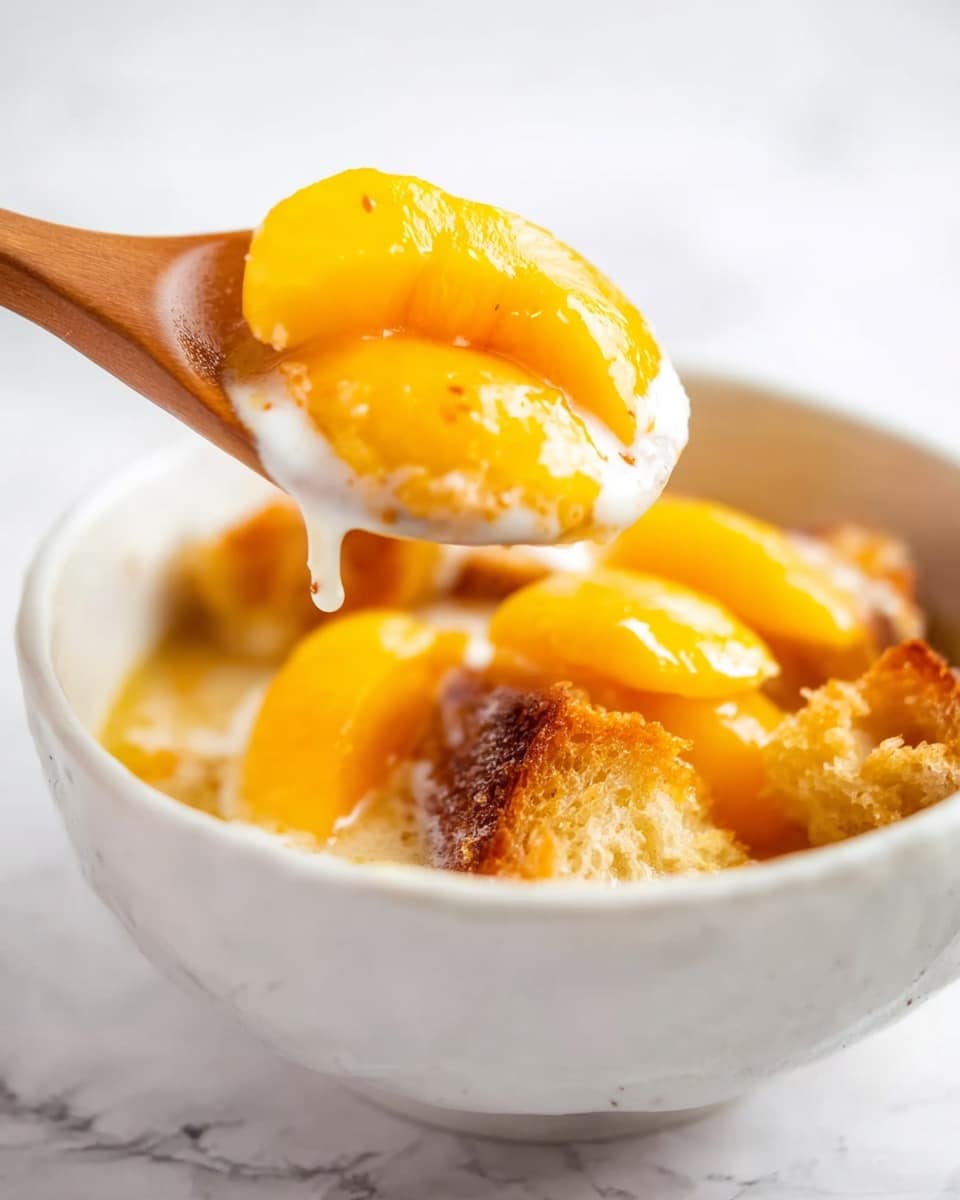 A white bowl holds a soft dessert made of large orange-yellow peaches and golden brown pieces of toasted bread soaked in a creamy sauce. Above the bowl, a wooden spoon lifts a mix of shiny peach slices and light cream with hints of cinnamon. The background is a white marbled texture, giving a clean and bright look. Photo taken with an iphone --ar 4:5 --v 7