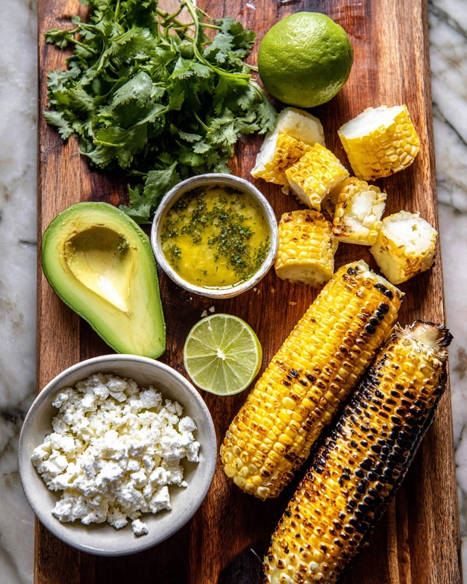 A wooden board with one grilled corn cob, charred with yellow and black marks, placed at the bottom right. Above it are several small cut pieces of yellow and white grilled corn kernels spread out. To the left, there is half a peeled avocado with smooth green layers and several avocado slices beside it. On top left, fresh green cilantro leaves are grouped together. Near the top center is a small white bowl filled with yellow-green sauce sprinkled with green herbs. To the right of the avocado are two lime halves, one squeezed and one whole. At the bottom left is a white round bowl filled with crumbly white cheese. The board sits on a white marbled textured surface photo taken with an iphone --ar 4:5 --v 7