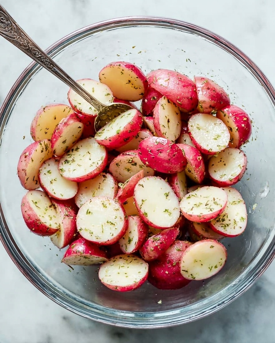 A clear glass bowl filled with sliced red potatoes, each slice showing a bright red skin and creamy white inside, lightly sprinkled with small green herb flakes. A silver spoon with a detailed handle rests inside the bowl on the left side. The bowl sits on a white marbled surface. Photo taken with an iphone --ar 4:5 --v 7