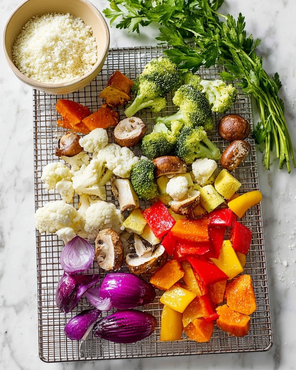 A silver wire rack holds an even layer of mixed cut vegetables on a white marbled surface. The vegetables include green broccoli florets, white cauliflower pieces, sliced brown mushrooms, chunks of red bell pepper, orange carrot slices, pale yellow squash slices, and thick pieces of purple onion scattered across the rack. Above the rack, there is a small beige bowl filled with finely chopped white cauliflower rice, and a bunch of fresh green parsley leaves next to it. The image shows a fresh, colorful, and healthy vegetable mix with clear bright colors and textures. photo taken with an iphone --ar 4:5 --v 7