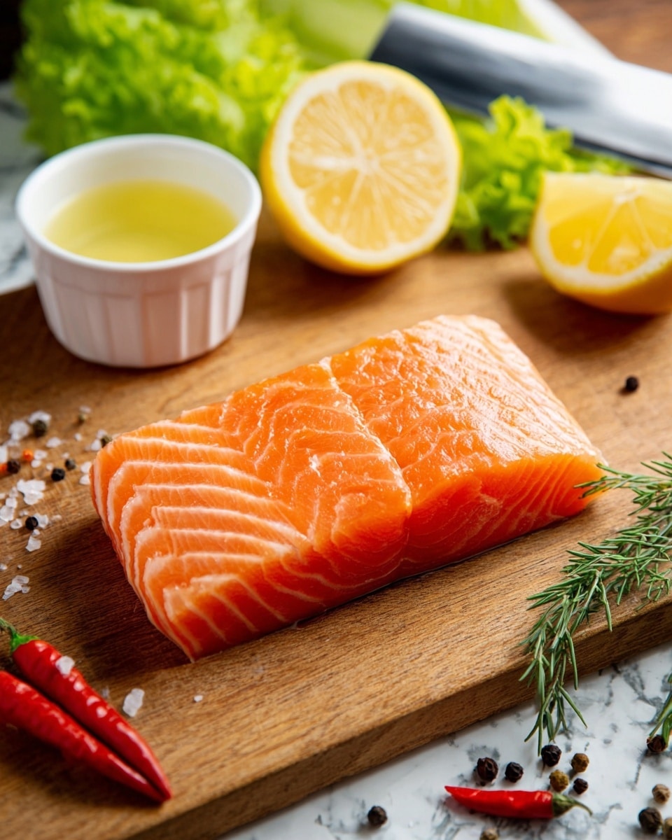 A thick, fresh piece of raw salmon with bright orange and light pink layers lies flat on a wooden board. Behind it, there are two yellow lemon wedges placed on green leafy lettuce. There are also some herbs with dark green needle-like leaves resting near the bottom right corner of the board. On the left side, a small white bowl filled with light yellow liquid is visible, along with two red chili peppers, scattered black peppercorns, and coarse salt crystals on the cutting board. In the background, a sharp, silver knife rests on the wooden surface, which is replaced by a white marbled texture. photo taken with an iphone --ar 4:5 --v 7