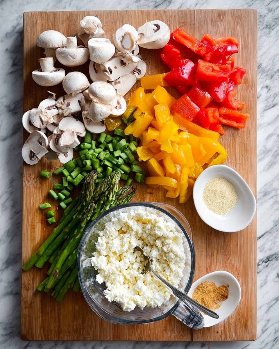 The image shows a light brown wooden cutting board placed on a white marbled surface. At the bottom-center of the board, there is a clear glass measuring cup filled with crumbly white cheese, and a silver spoon is inside the cup. Above the cup, there are chopped green asparagus pieces neatly lined up. To the right of the asparagus, red and yellow bell pepper pieces are scattered, with the yellow peppers positioned on the top right and the red peppers below them. Above these peppers, whole white mushrooms are arranged, some sliced, with visible light brown gills. At the top right corner of the board, a small white bowl contains three powdered spices in creamy beige, yellow, and orange colors. photo taken with an iphone --ar 4:5 --v 7