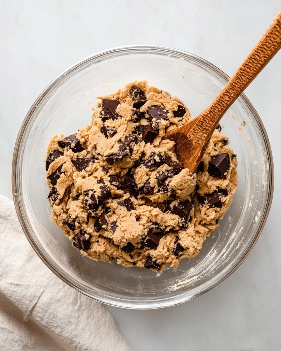 A clear glass bowl holds one thick and crumbly layer of light brown cookie dough mixed with large chunks of dark chocolate scattered evenly throughout. A wooden spoon with a visible textured handle rests inside the bowl on the right side, partially buried in the dough, and a cream-colored cloth sits at the bottom left corner of the white marbled surface beneath the bowl. Photo taken with an iphone --ar 4:5 --v 7