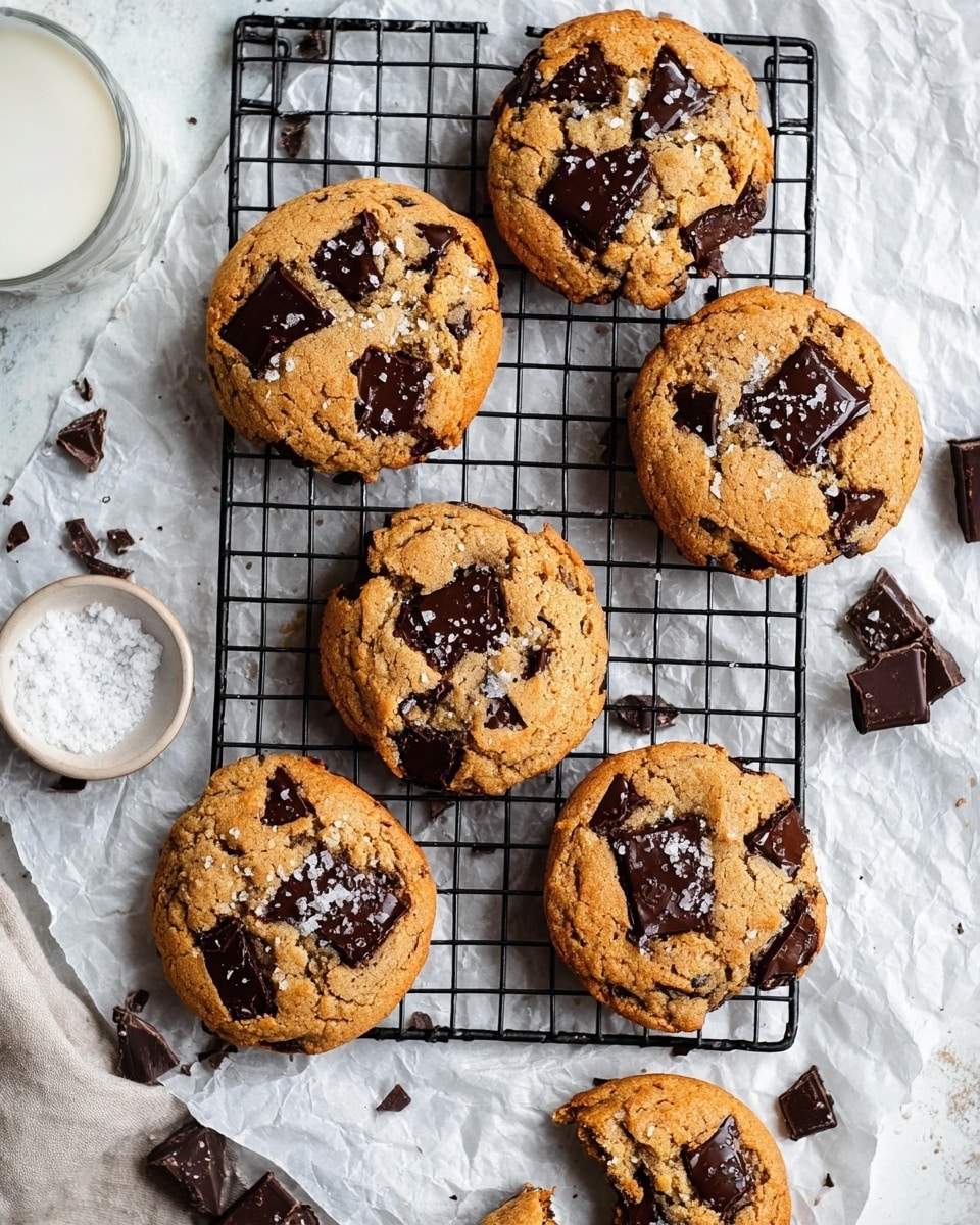 The image shows a group of freshly baked cookies placed on a black cooling rack. Each cookie is golden brown with a slightly rough texture and has large, dark chocolate chunks embedded on the top surface, some of which have a slight shine. A few cookies are sprinkled lightly with coarse salt, adding a bit of contrast. The cookies vary in size but are mostly round and thick, with one cookie showing a small bite taken out of it. The cooling rack sits on crumpled white paper over a white marbled surface. Around the rack, there are small pieces of broken dark chocolate and a small white bowl with coarse salt. In the top left corner, part of a glass of milk is visible. photo taken with an iphone --ar 4:5 --v 7