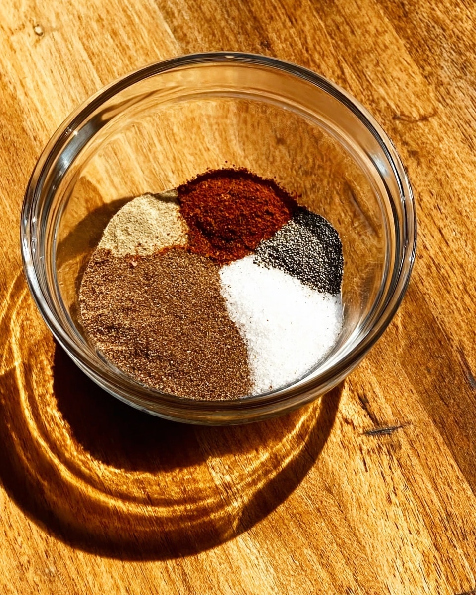 The image shows two clear glass bowls on a wooden surface. The top bowl contains four different spices, each in a separate pile: a reddish spice at the top right, a black and white speckled spice at the right, a white salt-like layer at the bottom, and a brown spice to the left. The bottom bowl shows the same spices mixed together in a single even layer of dark brown color, filling the bowl. The light creates circular shadows of the bowls on the wooden surface. photo taken with an iphone --ar 4:5 --v 7