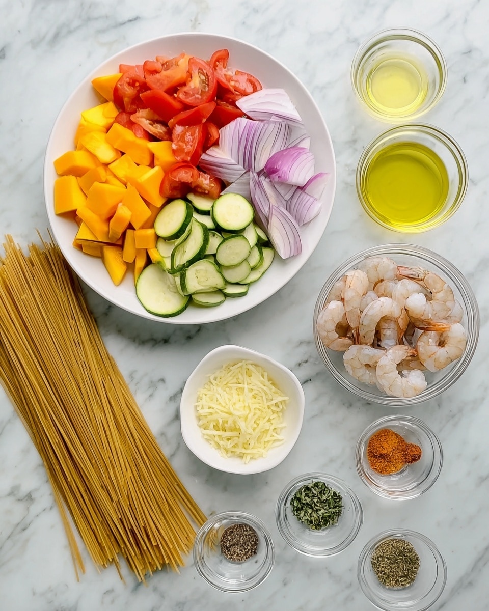 A white round plate holds four types of sliced vegetables arranged in sections: bright orange mango slices on the top left, pale purple shallot chunks to the top right, bright red tomato pieces below the shallots, and green zucchini slices at the bottom left. To the right of the plate, clear glass bowls contain light yellow oil, pale yellow lemon juice, and dark green dried herbs. A smaller white dish holds finely chopped pale yellow garlic. A clear glass bowl filled with raw, peeled shrimp sits next to the garlic. Below them are five small glass bowls holding different spices: dried rosemary, dried thyme, ground brown spice, red pepper flakes, and a combined bowl of salt and black pepper. On the left side of the image, uncooked brownish-yellow spaghetti sticks fan out on the white marbled surface. The background is white marble. photo taken with an iphone --ar 4:5 --v 7