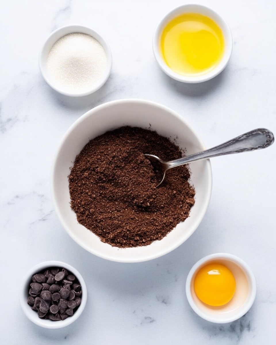 A white bowl filled with dark brown powder mix with a spoon inside is placed in the center on a white marbled surface. Surrounding it are four small white bowls; one with white granulated sugar at top left, one with melted butter at top center, one with a raw egg yolk at top right, and one with small dark chocolate chips at bottom left. The scene is brightly lit and clean, showing the ingredients ready for baking. Photo taken with an iphone --ar 4:5 --v 7